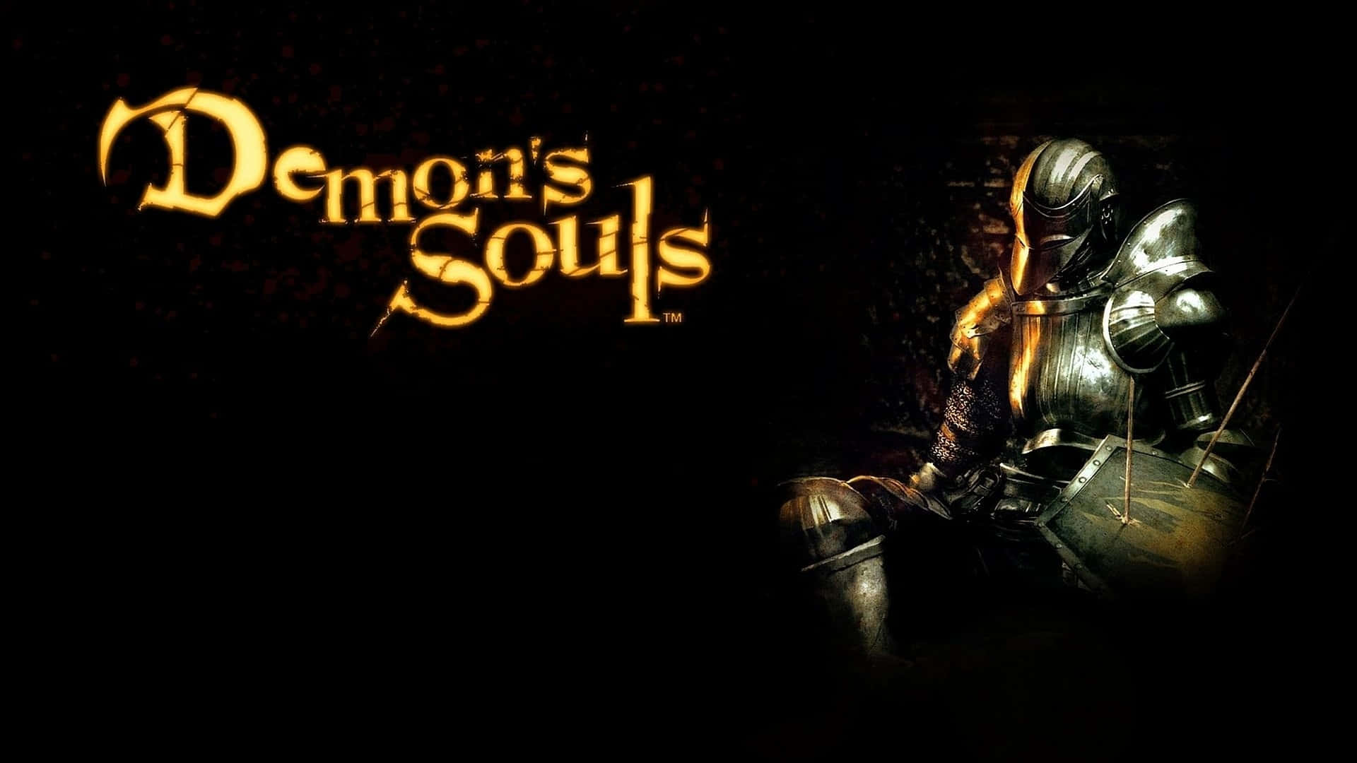  壁紙 — 一名身穿閃亮盔甲的騎士在陰影中跪在發光的金色標題「Demon's Souls」旁邊，背景為深色紋理。