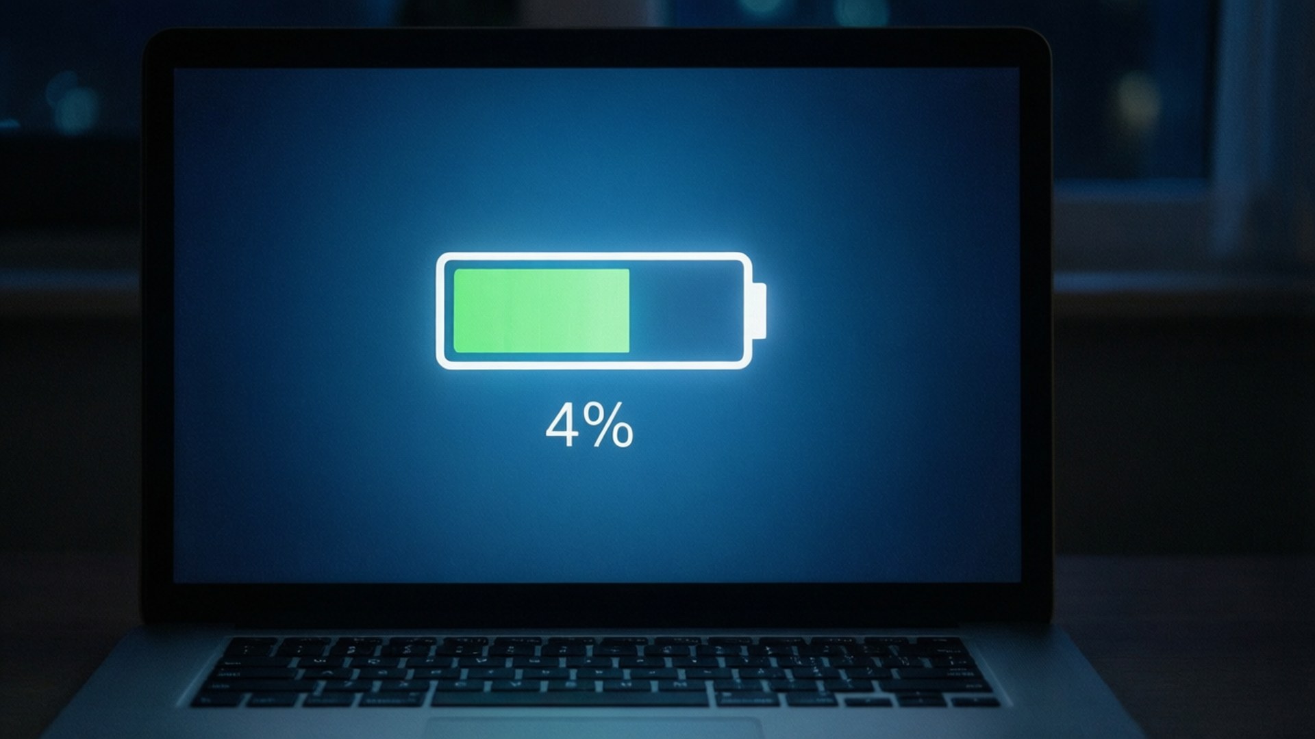 桌布 壁紙 — 手提電腦屏幕顯示電量不足警告，電量為4%，帶有發光綠色條，背景為深藍色。