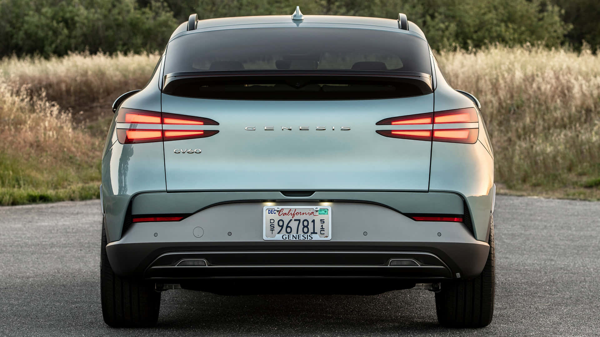 Genesis Gv60 桌布 壁紙 — 從後方觀看一輛淺藍色 Genesis GV60 SUV 行駛在鋪砌道路上，背景有乾草和樹木。
