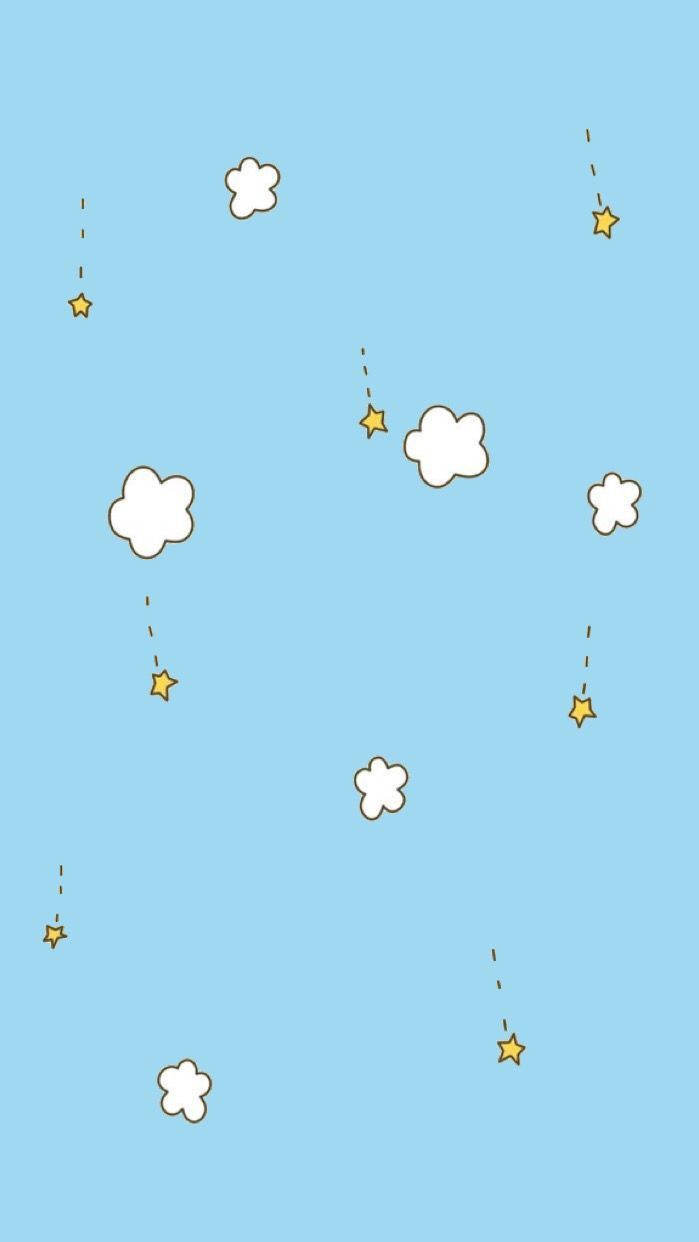 藍色天空，白色雲朵和黃色星星帶著虛線軌跡落下。