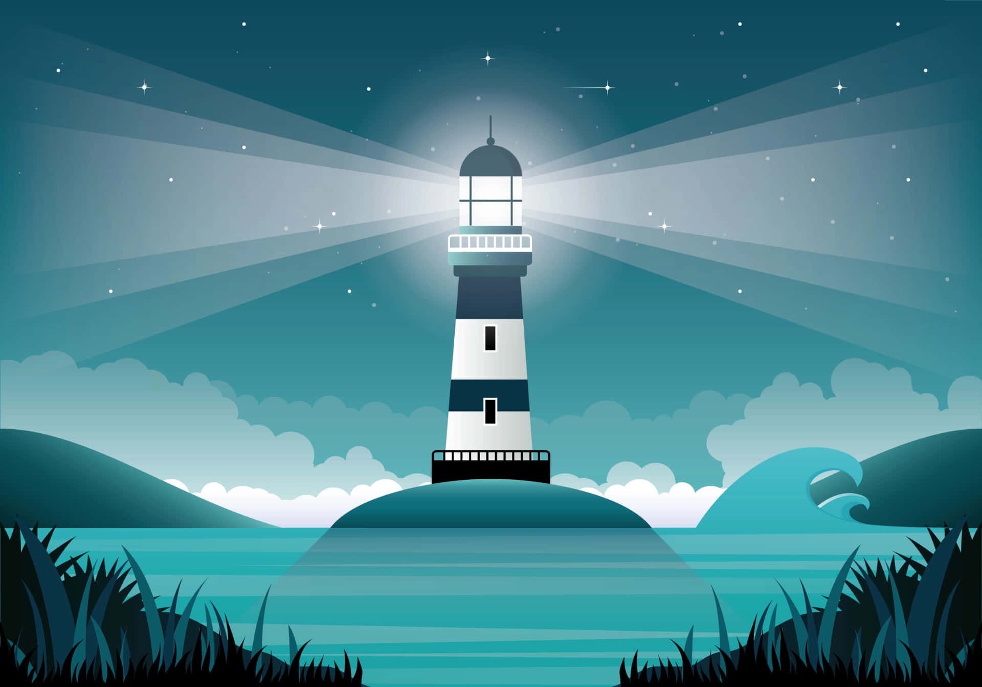 海濱閃耀的燈塔 壁紙 — 燈塔在星夜的海面上投射光芒，波濤起伏，草叢呈現剪影。