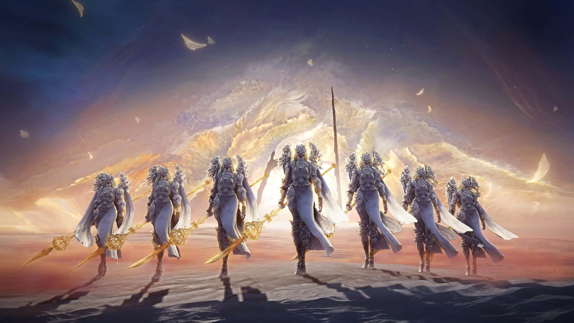  壁紙 — 一排身穿盔甲、手持發光劍的戰士，在帶有浮動彎月的宇宙天空下，大步穿越沙漠。