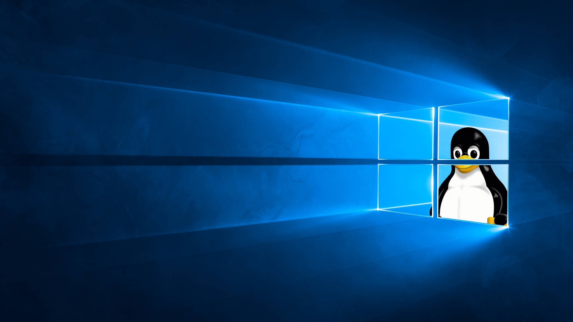 Linux 企鵝吉祥物透過 Windows 10 窗格望出去。
