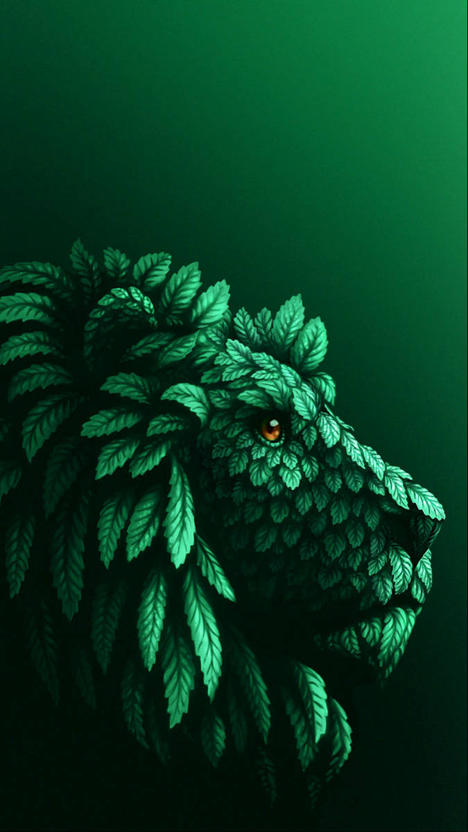 一隻由綠葉組成的獅子，有一隻發光的琥珀色眼睛。
