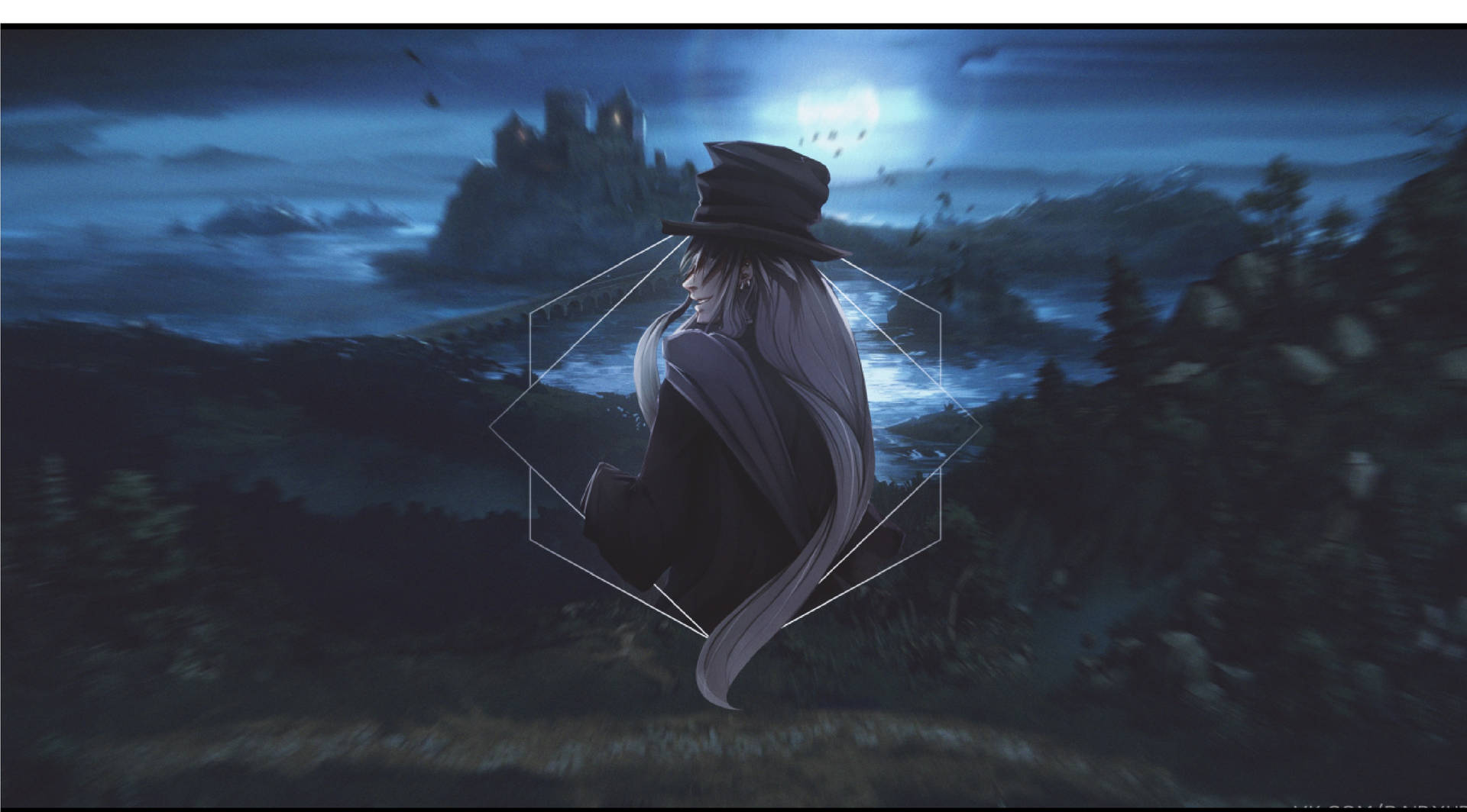 《黑執事》風格 Undertaker 壁紙 — 一個孤獨的動漫人物戴著高帽，凝視著深藍色天空下霧氣籠罩的山丘上月光照耀的城堡。