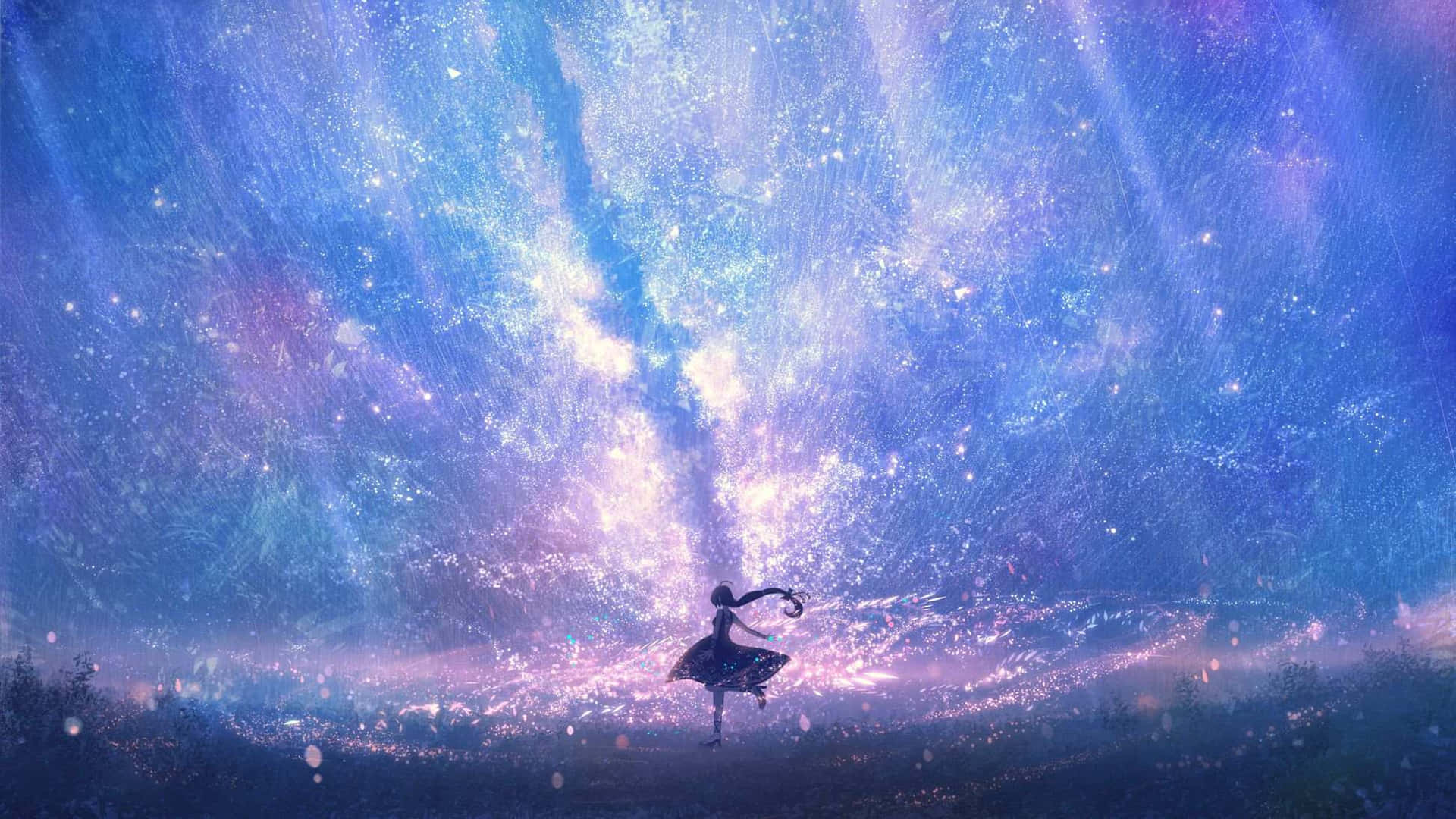  壁紙 — 一個孤獨的動畫女孩在充滿閃爍藍色和紫色光線的燦爛宇宙天空下跳舞。