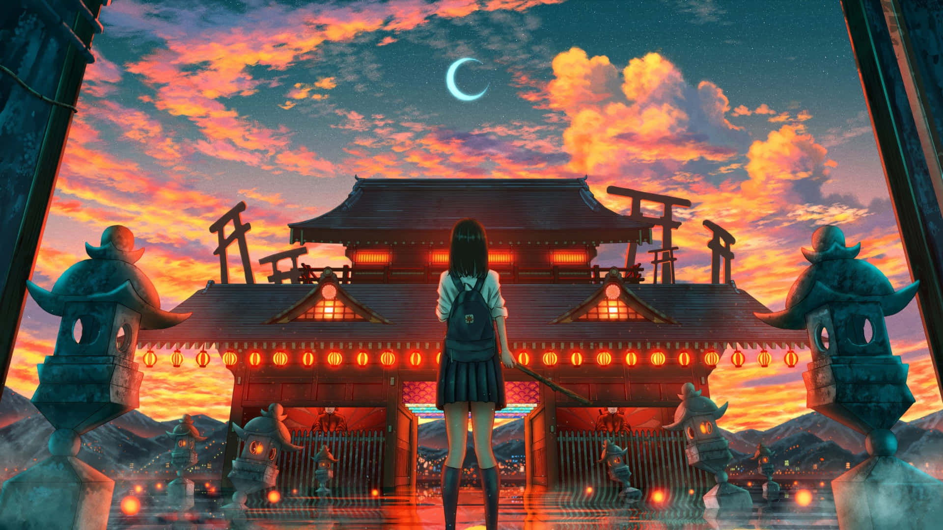  壁紙 — 一個孤獨的動漫女學生穿著校服，站在新月和火紅夕陽天空下發光的神社門前。