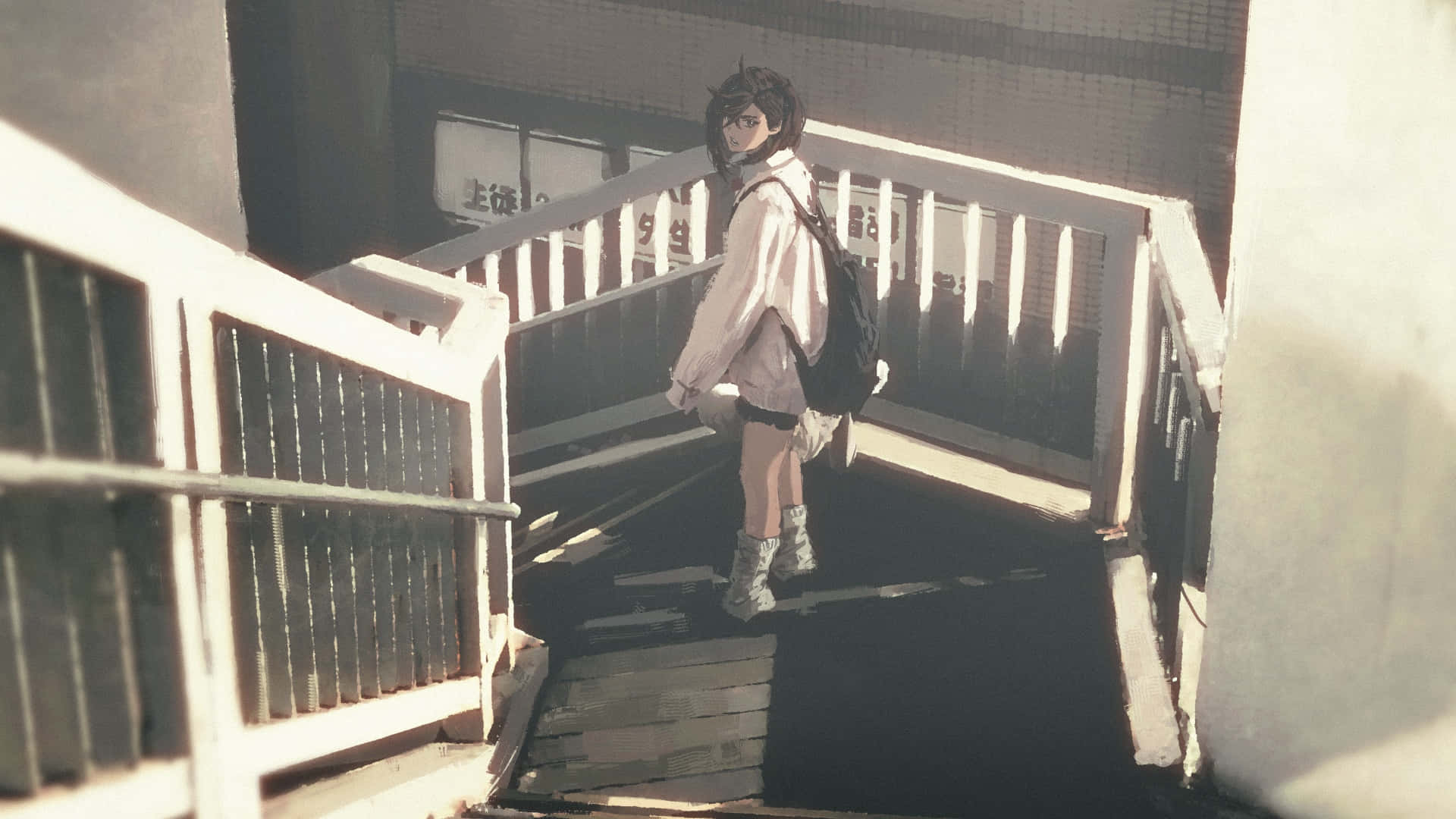  壁紙 — 一個孤獨的動漫女孩背着背包，站在陽光普照的城市行人天橋上，投下長長的影子。