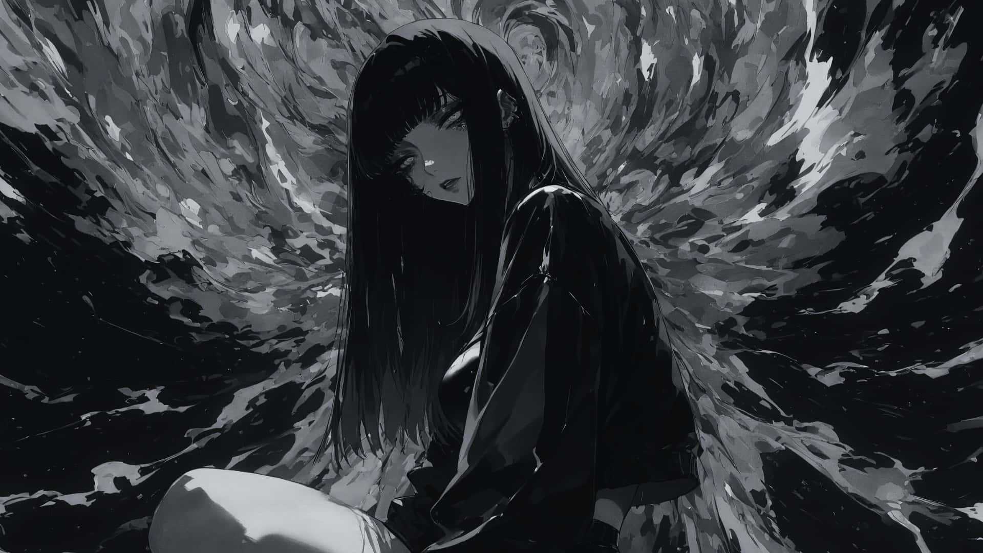  壁紙 — 一個孤獨的動漫女孩，長著深色長髮，坐在旋轉的單色波浪中，構成戲劇性的灰階場景。