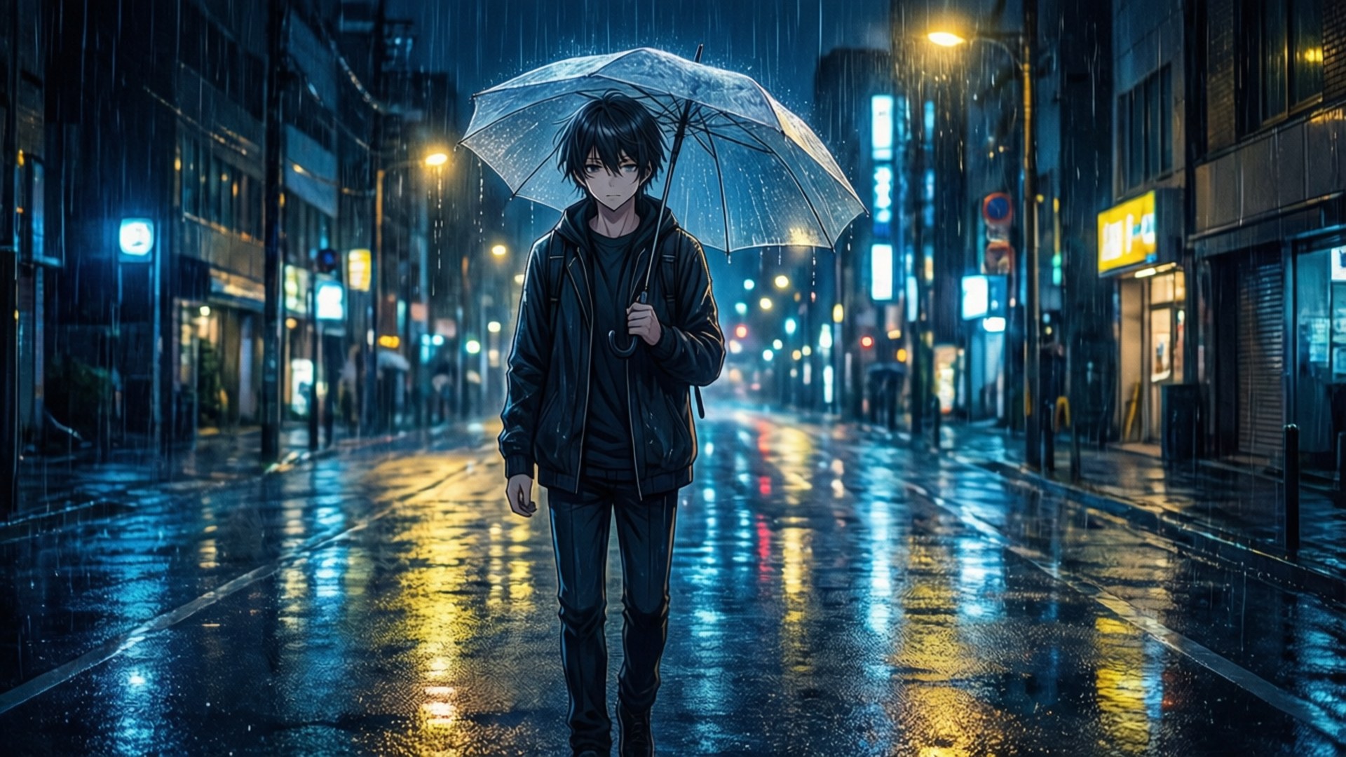 動漫角色在雨中的城市街道上獨自行走，霓虹燈閃爍。