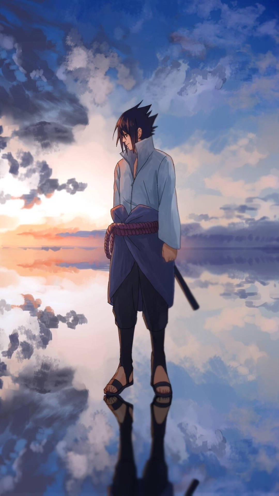 動漫角色站在反射表面上，在日落天空下，雲朵倒映。