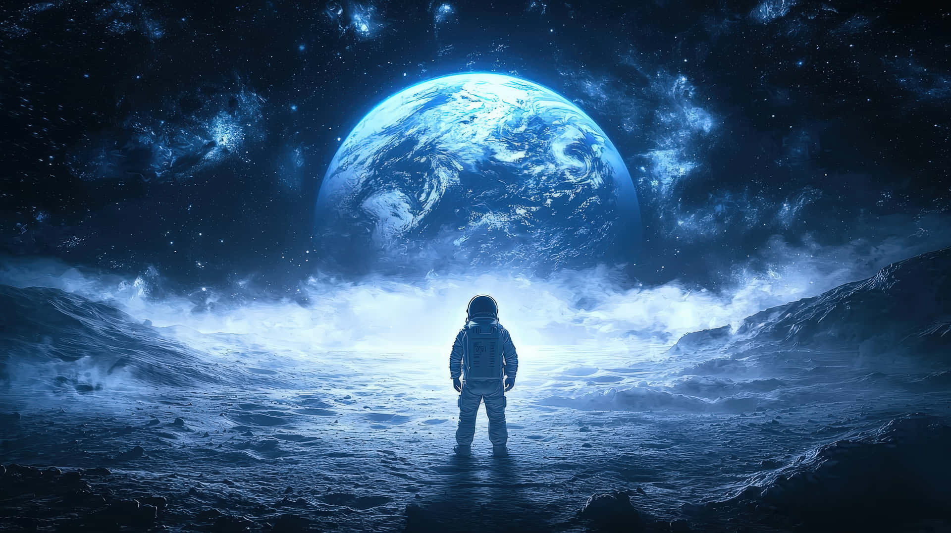 一名孤獨的太空人在荒蕪的月球景觀中仰望星空中的鮮豔藍色地球。