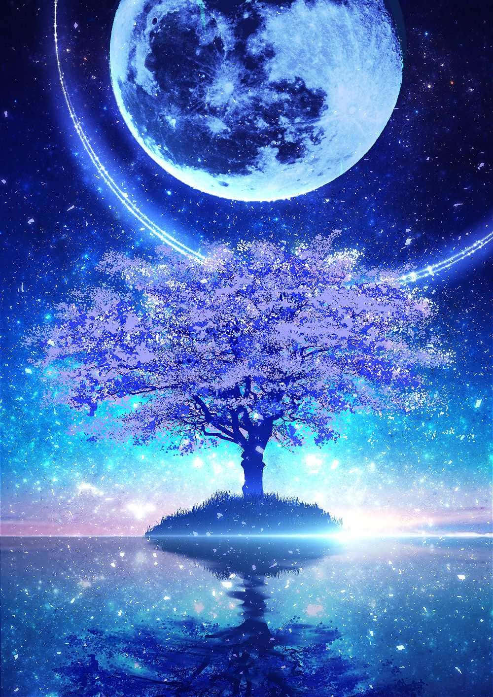 壁紙 — 一朵孤獨的櫻花樹在浮島上，在星光燦爛的宇宙天空下，映照著一輪巨大的發光月亮。
