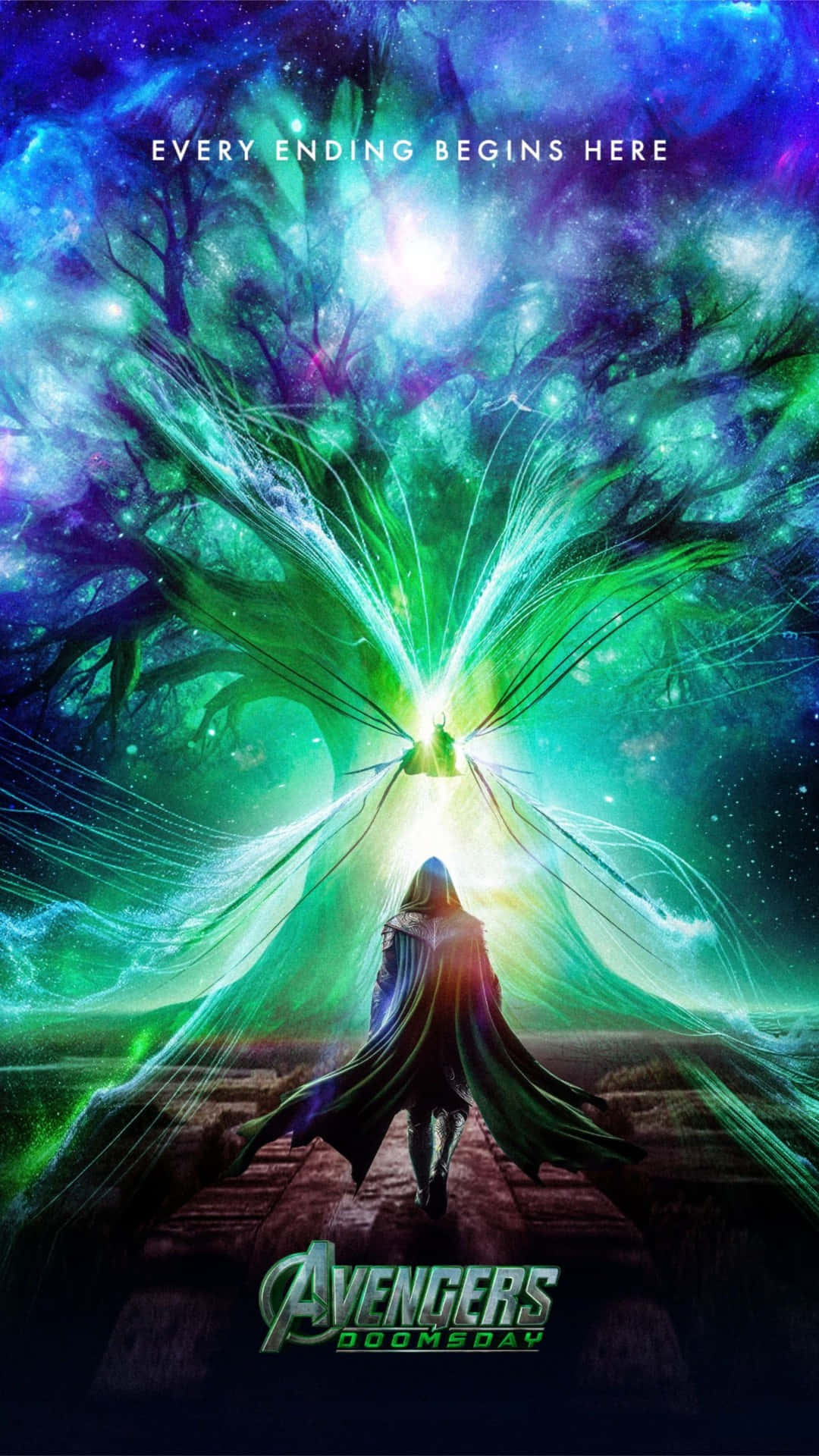  壁紙 — 一個孤獨的披風身影站在一個發光的宇宙樹前，背景是充滿旋轉綠色和紫色能量的生動星雲。