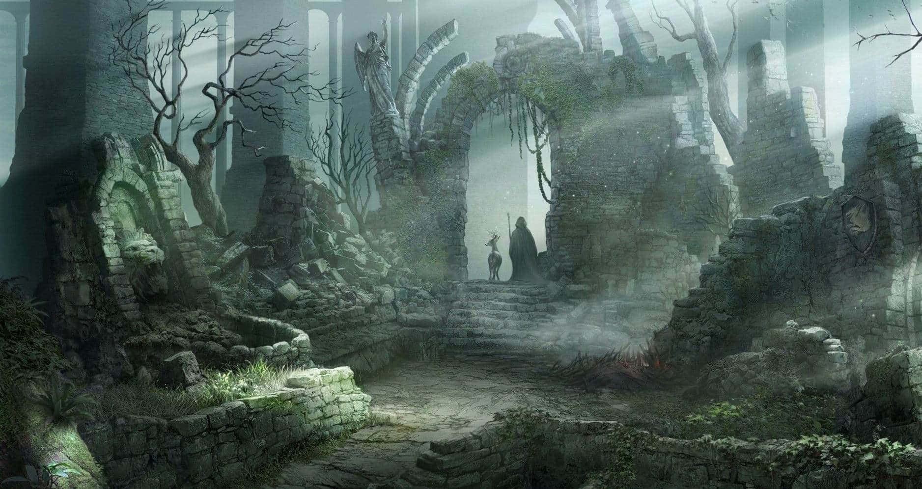  壁紙 — 一個孤獨的斗篷身影帶著一隻小鹿，站在霧氣瀰漫的石拱門前，身處古老雜草叢生的廢墟中。