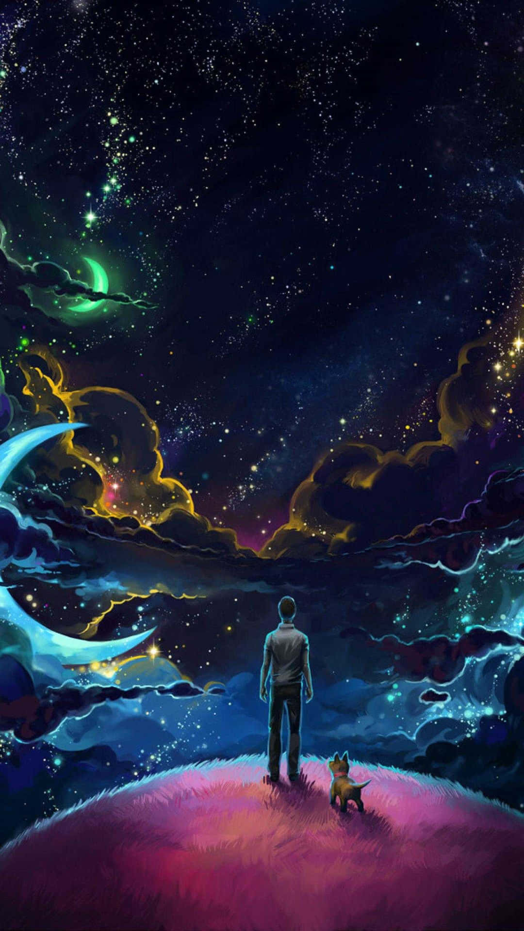  壁紙 — 一個孤獨的身影和一隻小狗站在發光的山丘上，下方是充滿星星、星雲和新月的宇宙天空。