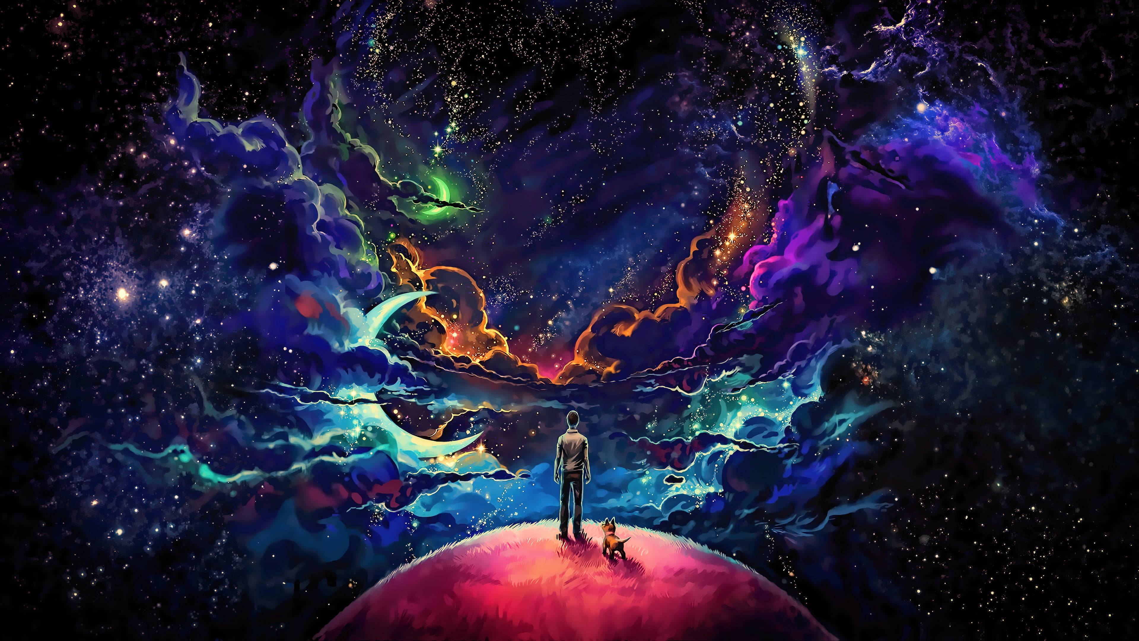 人和狗在行星上觀看多彩的宇宙雲