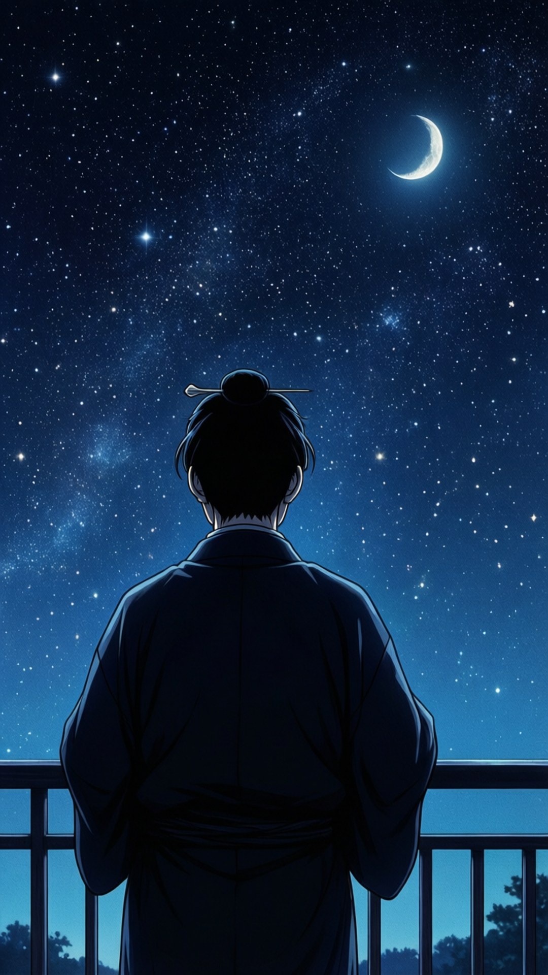 穿著傳統長袍的人仰望星空，夜空中有新月。