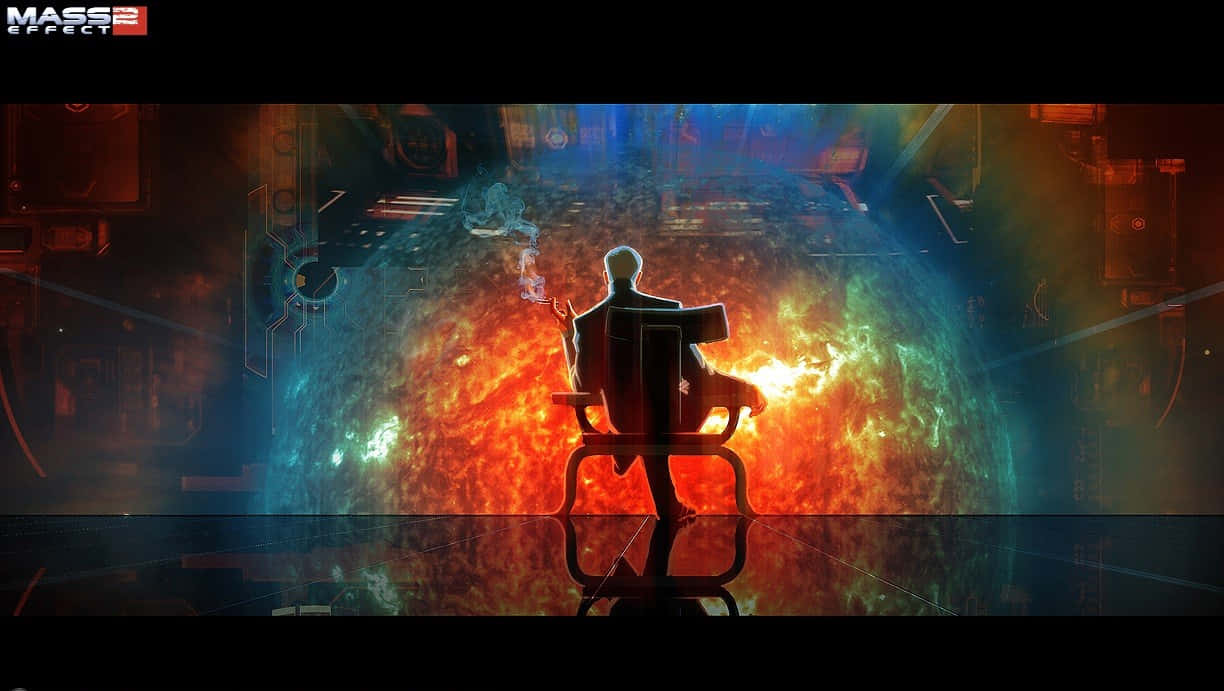 Illusive Man 桌布 壁紙 — 一個孤獨的身影坐在椅子上，面向一個旋轉的宇宙星雲，帶有火熱的橙色和電光藍色調，位於未來主義的指揮中心。