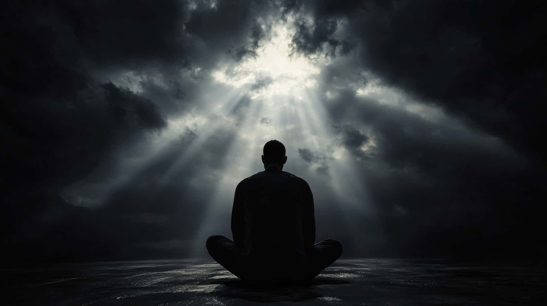 人盤腿坐著，面向穿過暴風雲的光束