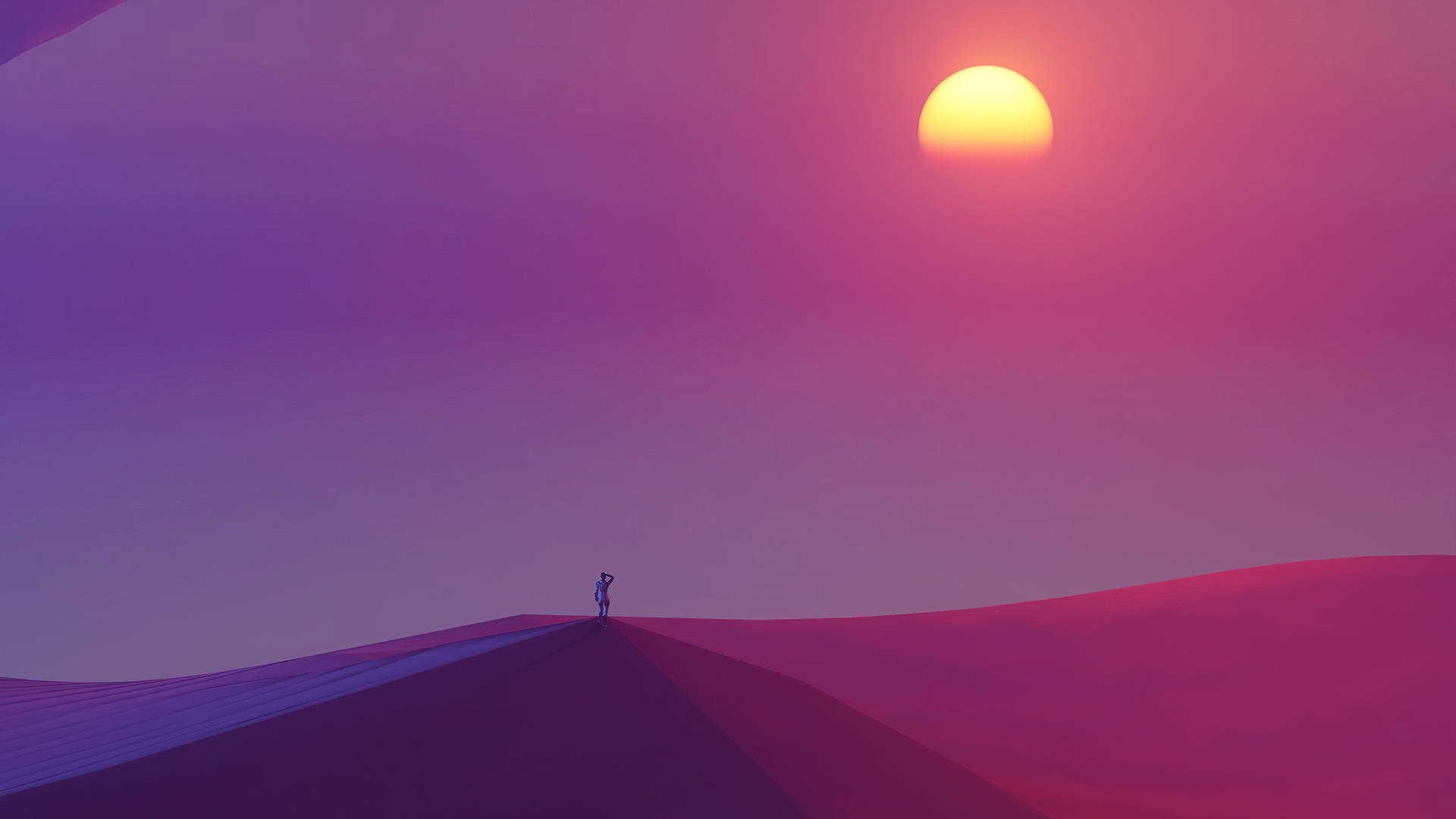 紫粉沙漠夕陽 壁紙 — 一個孤獨的身影站在紫色和粉紅色的沙丘頂上，下方是發光的橙色太陽，構成超現實的沙漠景觀。