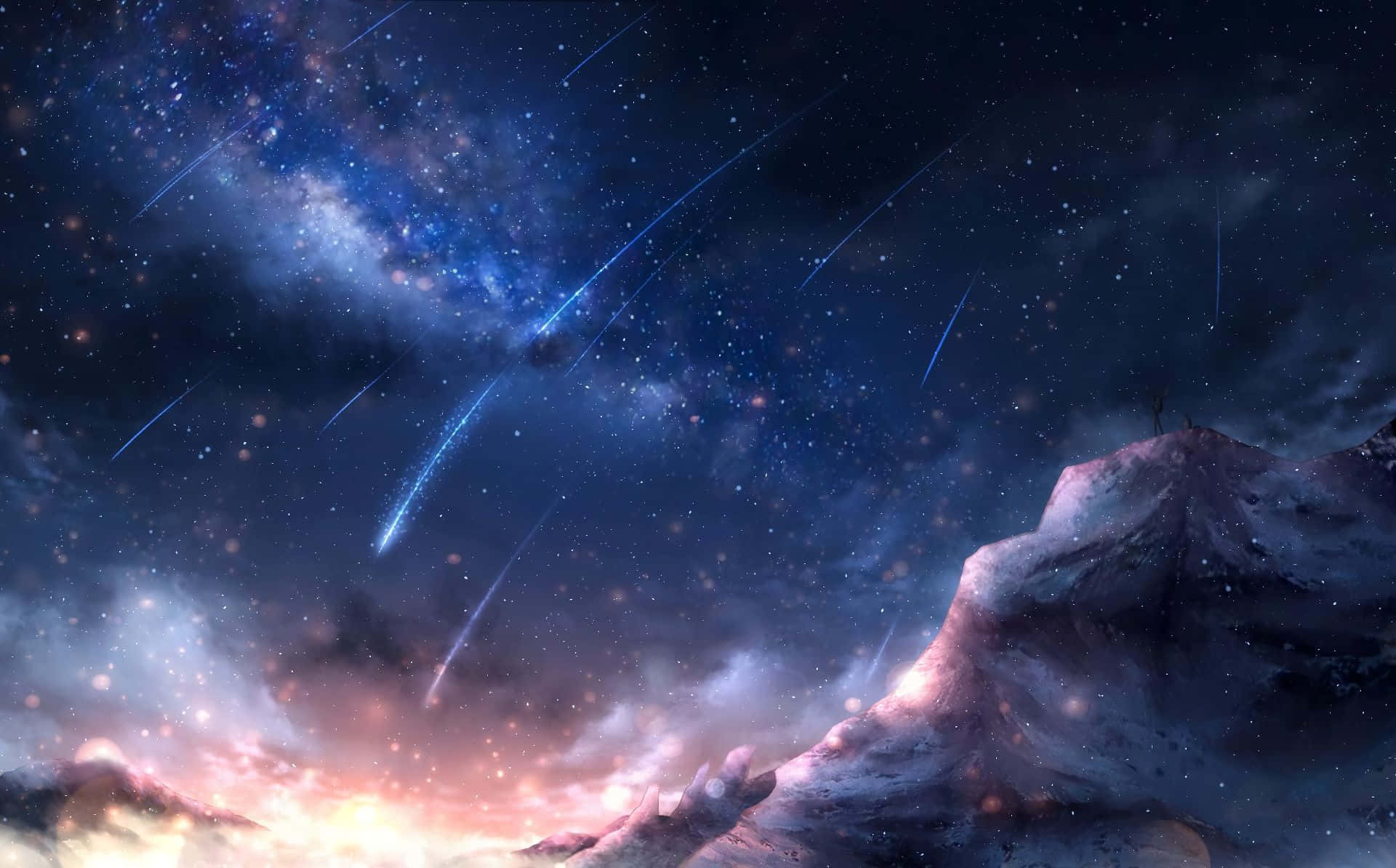  壁紙 — 一個孤獨的身影站在白雪覆蓋的山頂上，下方是充滿流星和發光星雲的 vibrant 宇宙天空。
