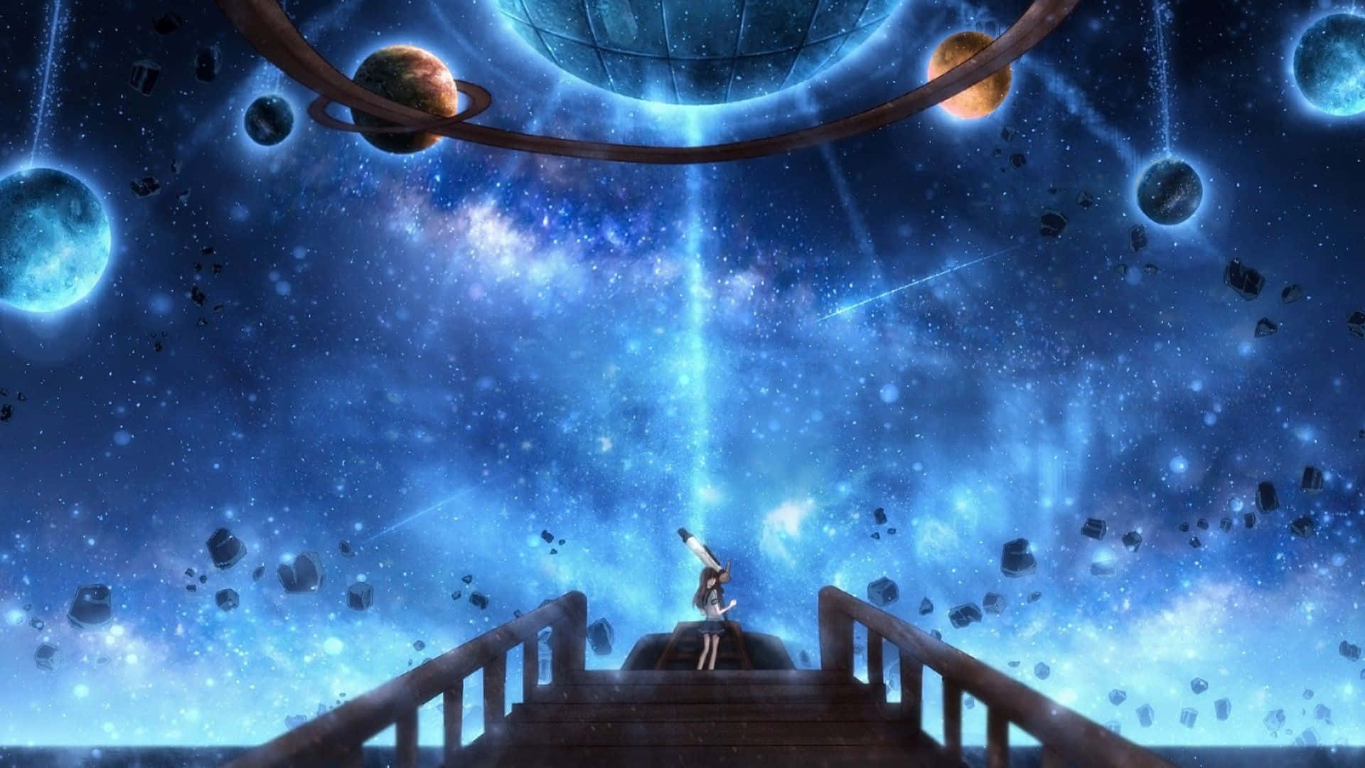  壁紙 — 一個孤獨的身影站在木橋上，仰望充滿發光行星和恆星的充滿活力的宇宙場景。