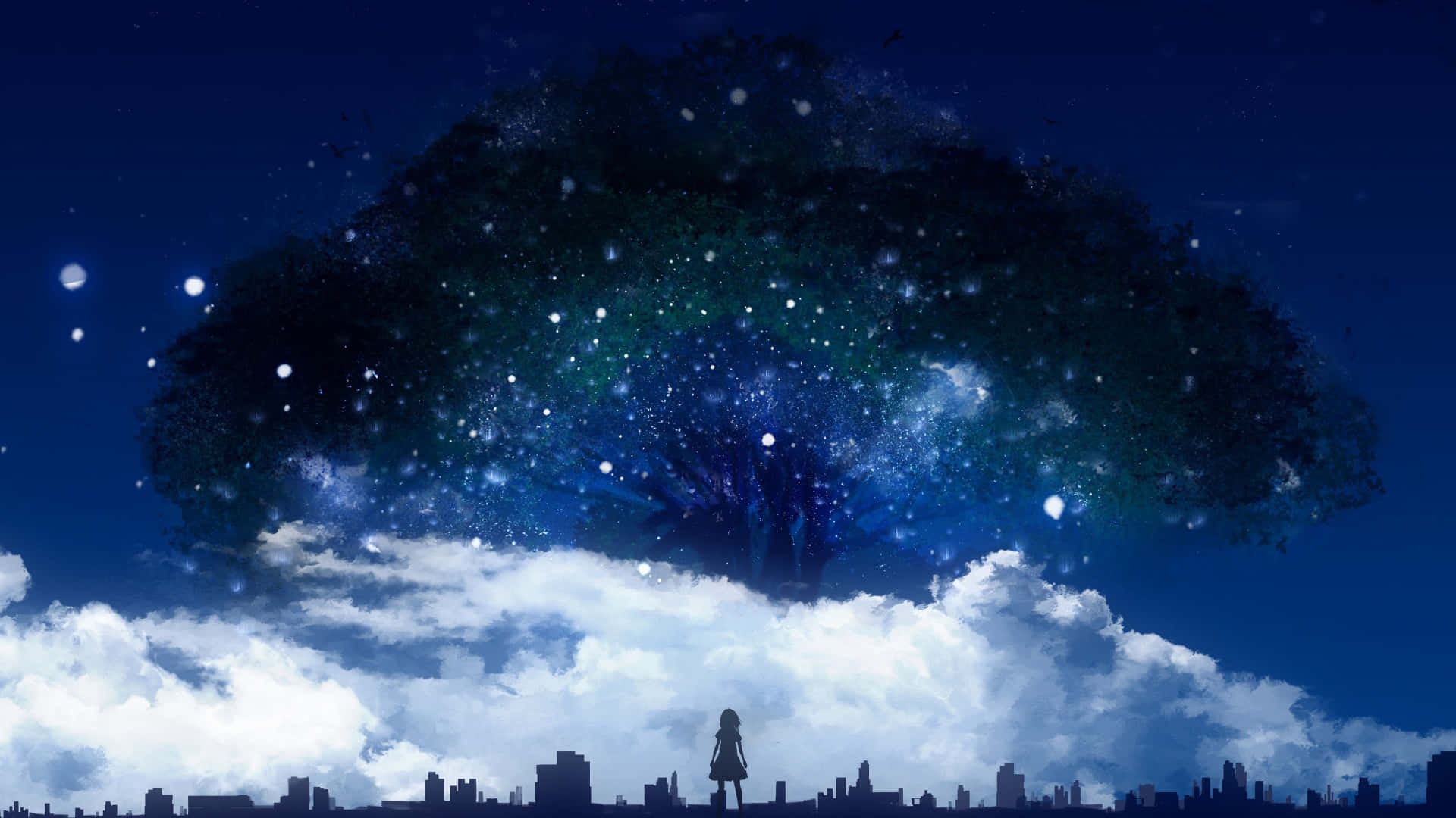 壁紙 — 一個孤獨的身影站在一棵巨大的樹前，樹上閃爍著星星，高聳於城市天際線之上，背景是深藍色的夜空。