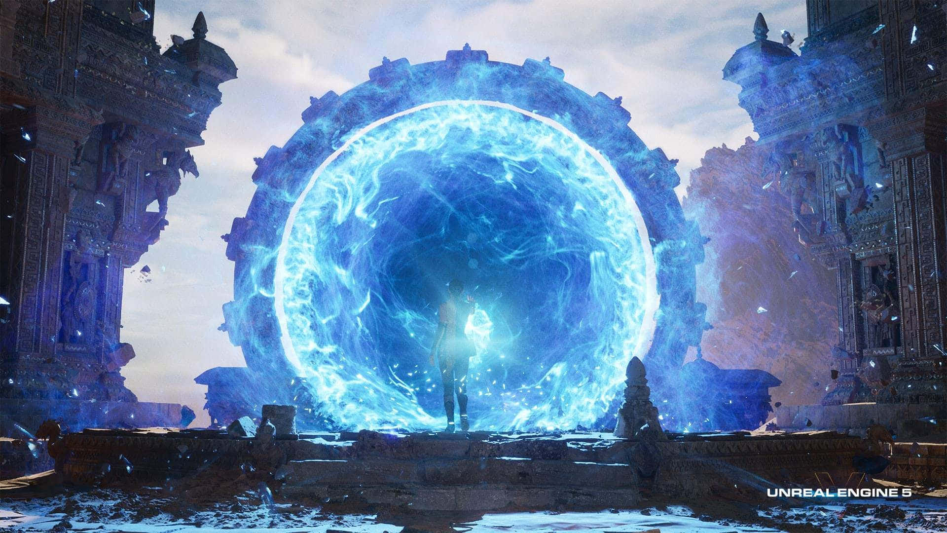  壁紙 — 一個孤獨的身影站在廢墟寺廟中，面對著一個發光的藍色能量傳送門，天空多雲。
