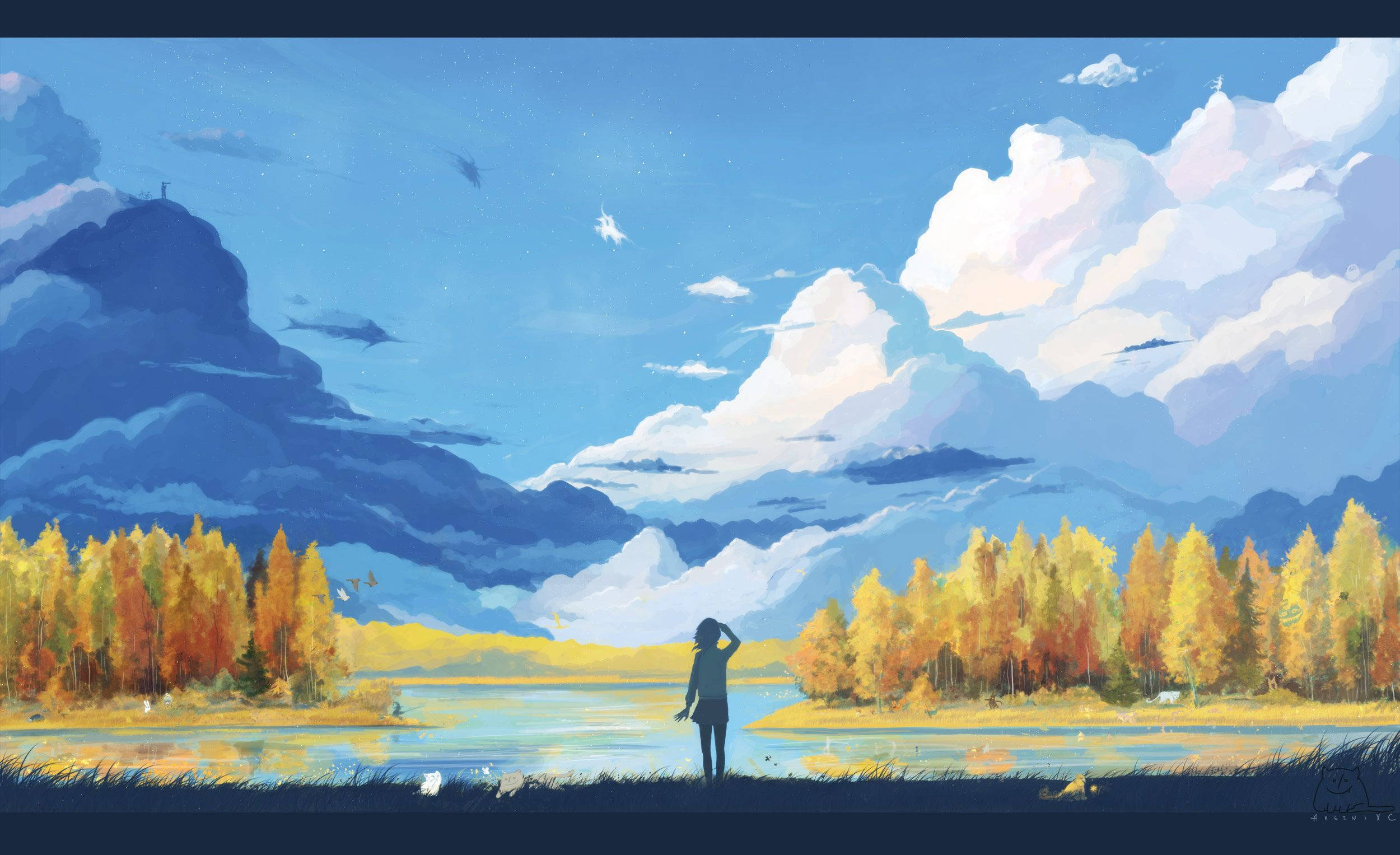 人物與自然動畫風景畫 壁紙 — 一個孤獨的身影站在平靜的湖邊，周圍是秋樹和聳立的藍色山脈，天空明亮。