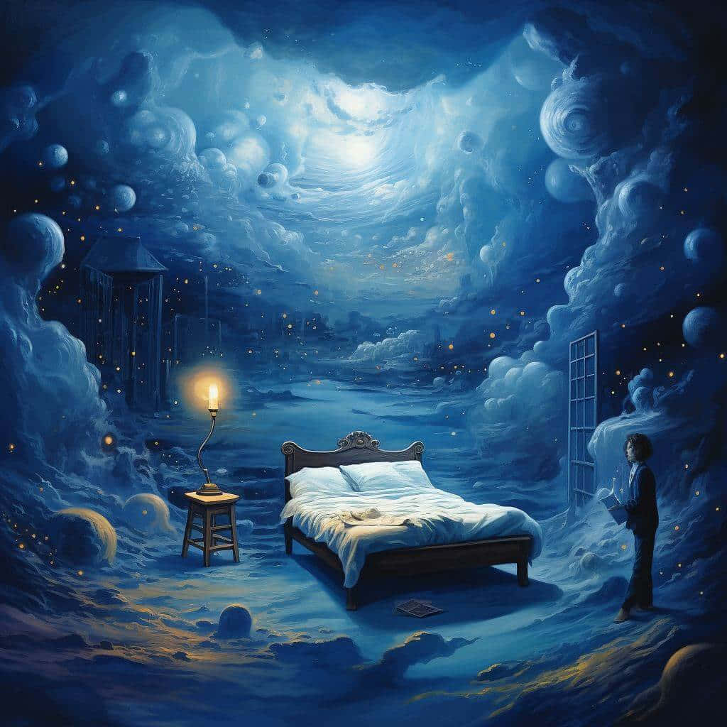  壁紙 — 一個孤獨的身影站在窗邊，身處一個漂浮在宇宙雲層和發光球體之間的超現實臥室，下方是繁星點點的藍色天空。