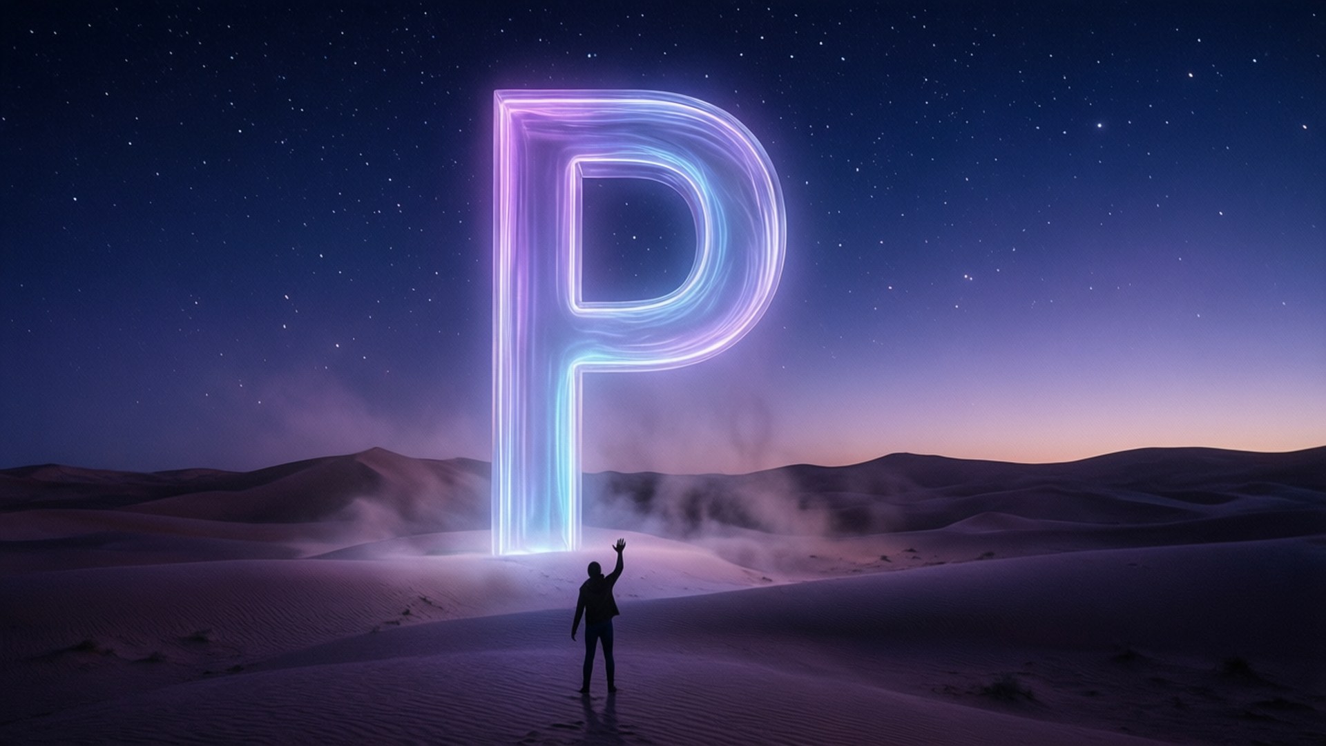 沙漠中的人在暮色中靠近發光霓虹字母P舉手。
