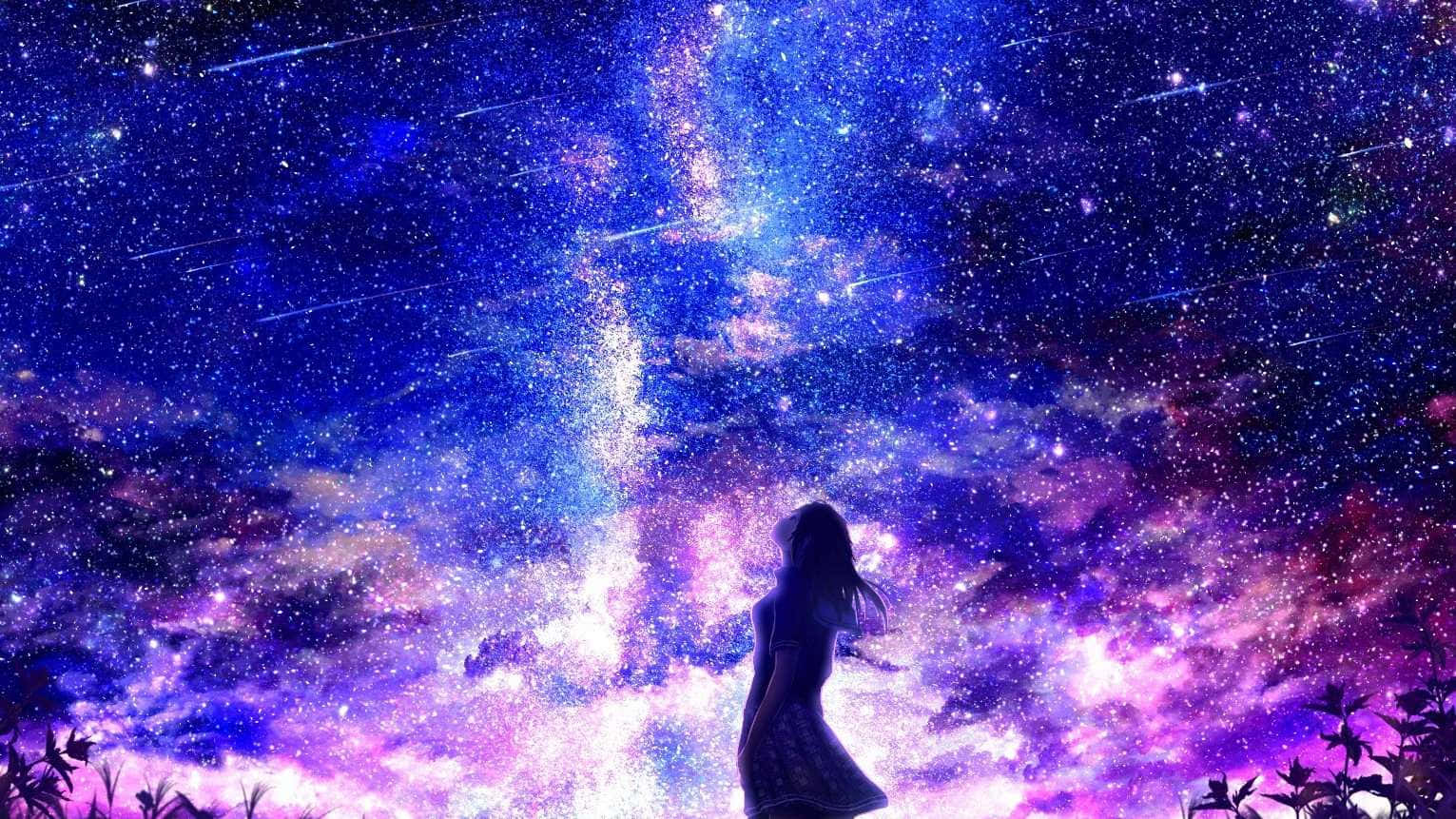  壁紙 — 一個孤獨的身影在充滿星星和發光星雲的充滿活力的宇宙天空下敬畏地站立。