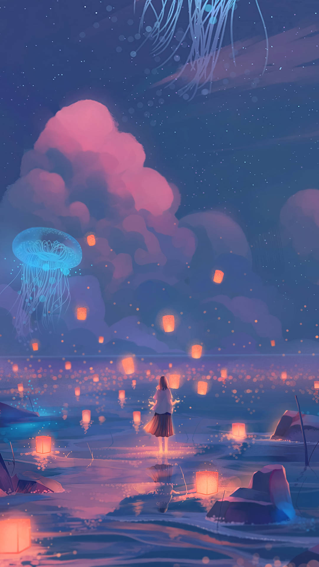 女孩站在發光的水中，星空下漂浮著燈籠和水母。