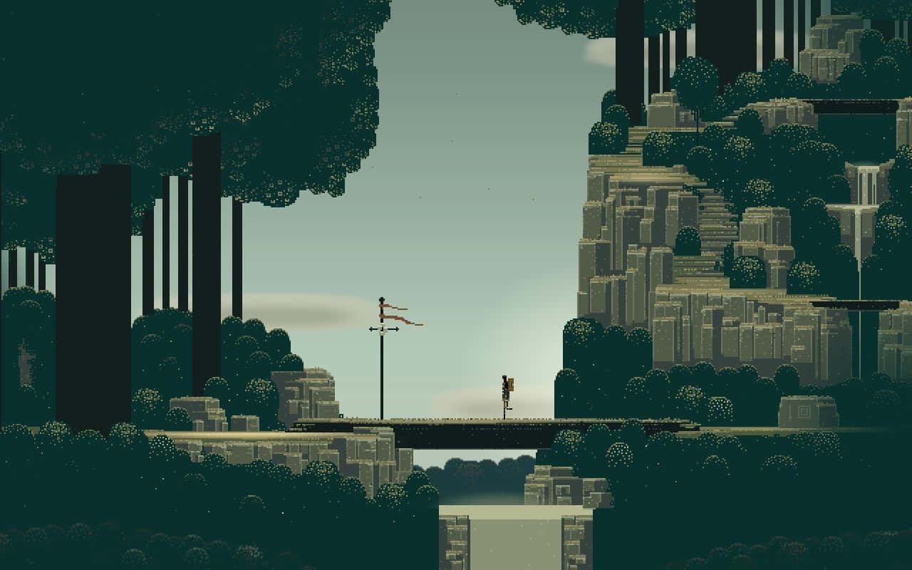 Video Game Aesthetic 桌布 壁紙 — 一個孤獨的身影站在橋上，橋連接超現實的浮島，島上覆蓋著深綠色樹葉，天空蒼白。