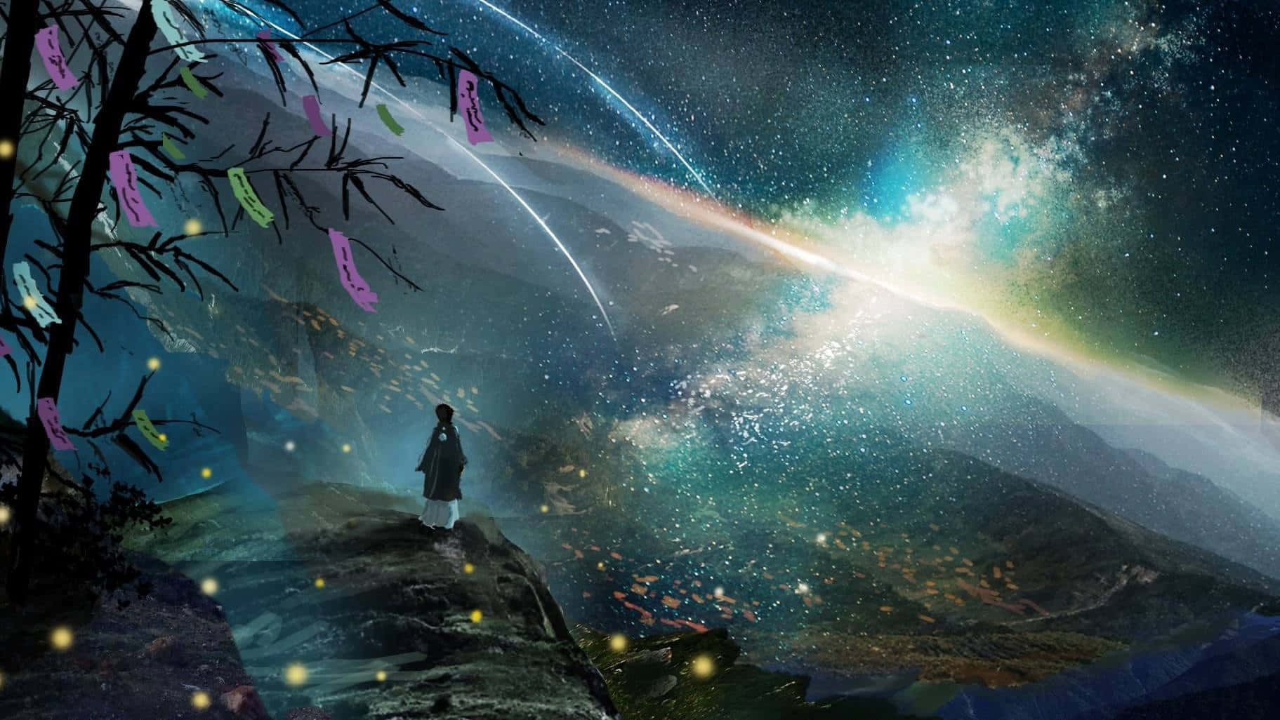  壁紙 — 一個孤獨的身影站在懸崖上，下方是發光的山谷，上方是充滿活力的宇宙天空，有發光的絲帶和流星。