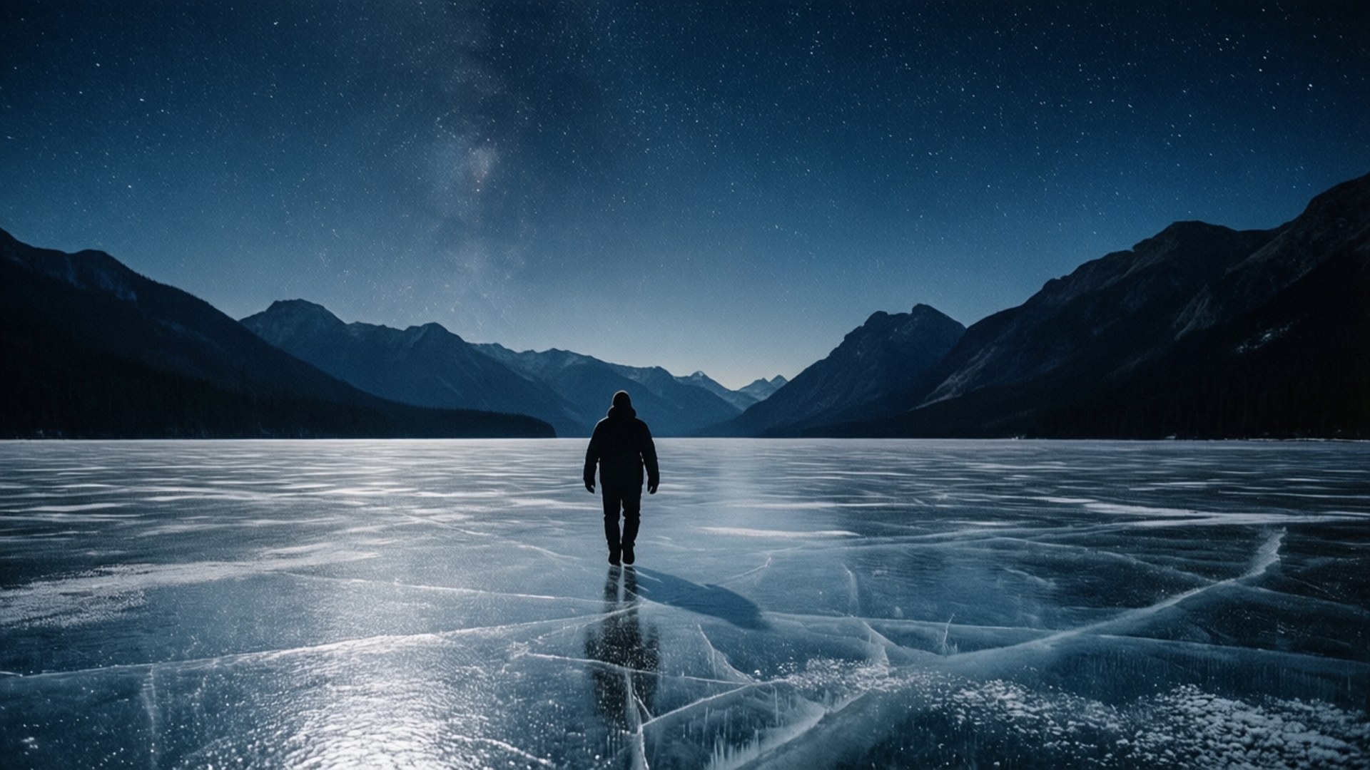一個人在星空下的夜晚獨自走在結冰的湖面上，遠處有山巒