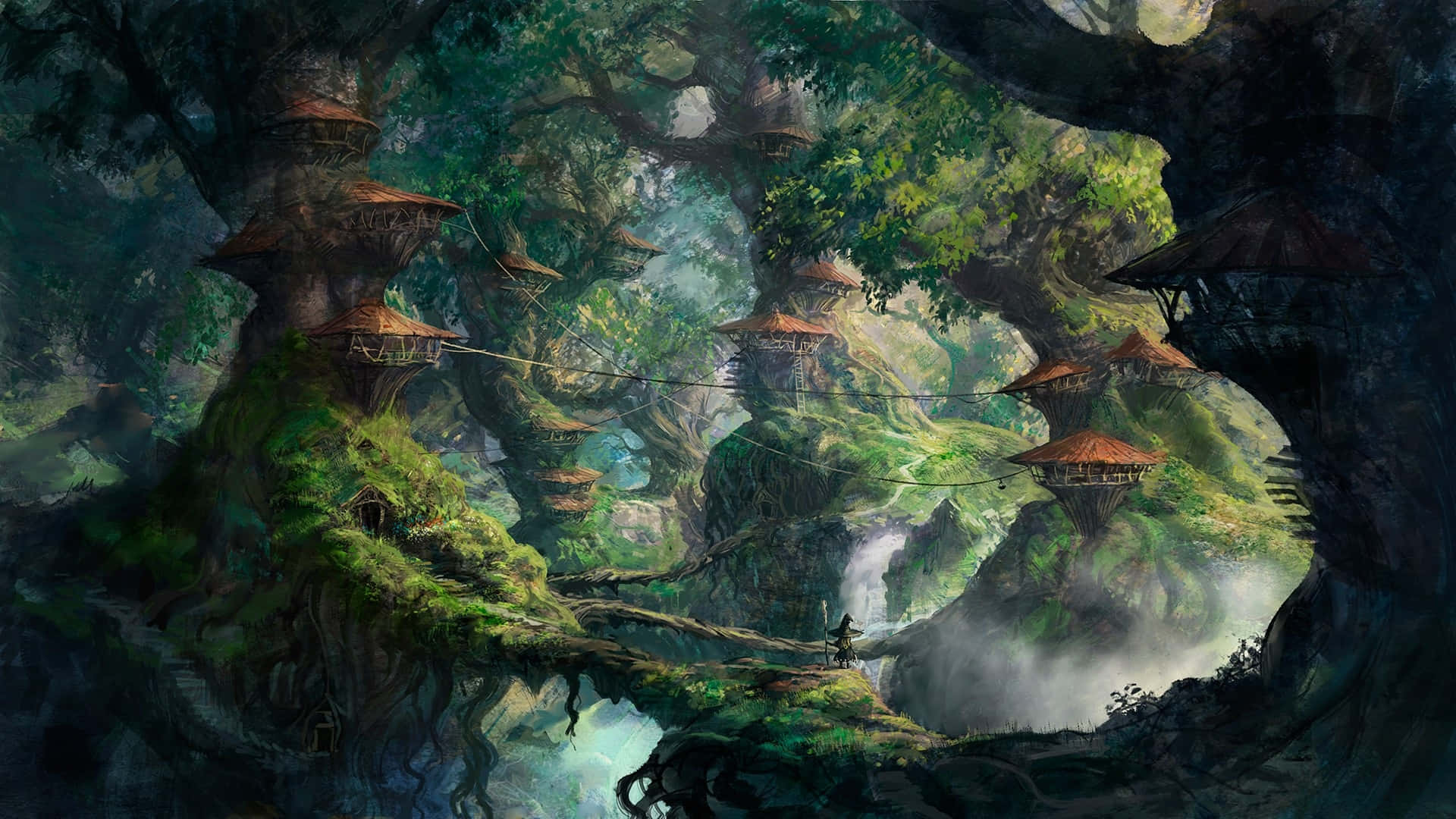  壁紙 — 一個孤獨的身影走過一條長滿苔蘚的樹根橋，下方是巨大的古樹，樹上掛著茅草小屋，籠罩在迷霧中的魔法森林。