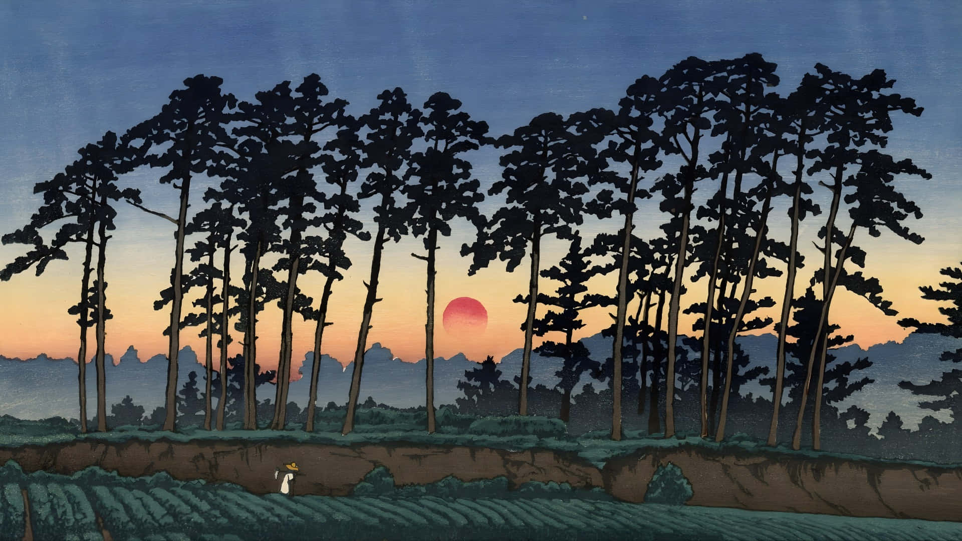  壁紙 — 一個孤獨的身影在日落時分穿過田野，高大的松樹在漸變的天空和發光的紅日襯托下形成剪影。