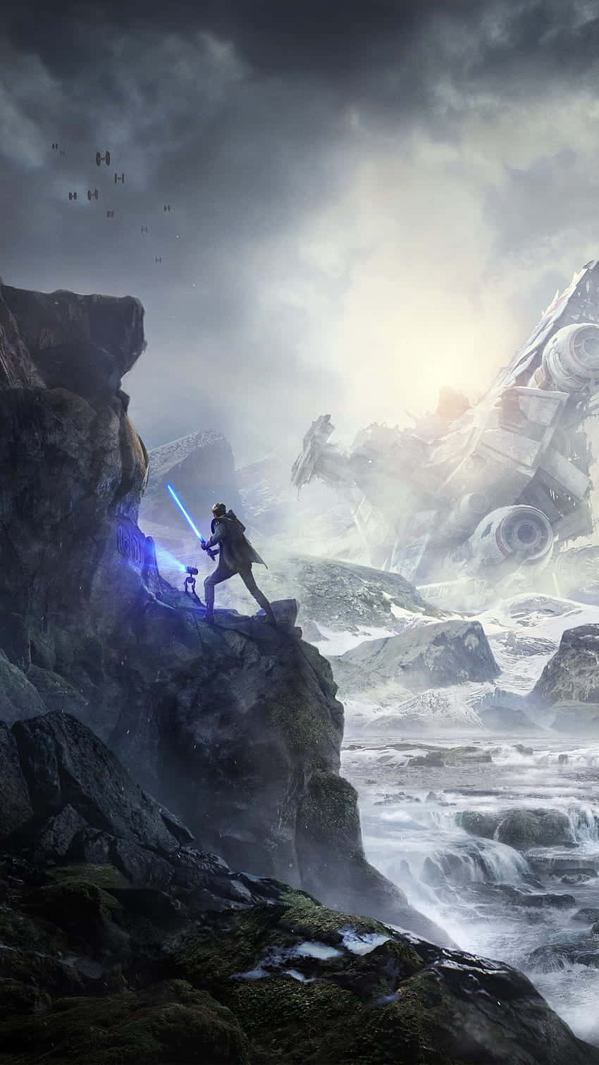Star Wars Aesthetic 桌布 壁紙 — 一個孤獨的身影手持藍色光劍，站在白雪覆蓋的懸崖頂上，俯瞰著暴風雨天空下墜毀的星艦和洶湧的海水。