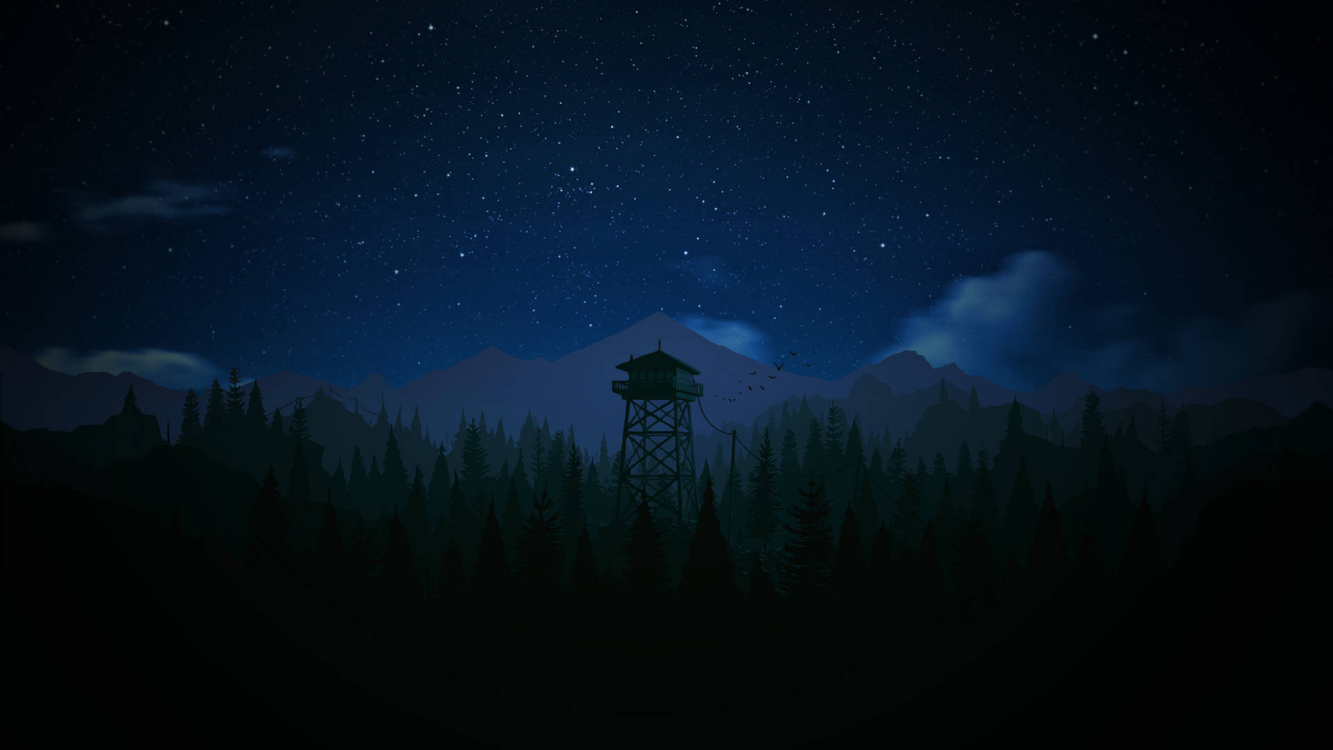 夜晚森林中的防火瞭望塔，星空下，遠山。
