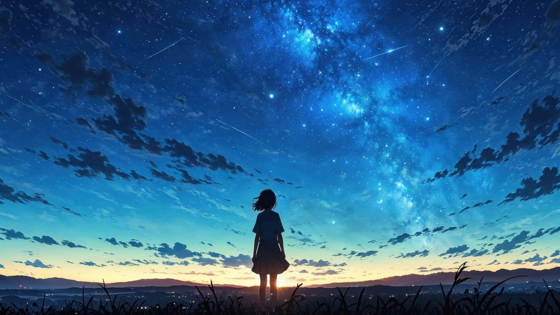  壁紙 — 一個孤獨的女孩以剪影站在長滿草的山丘上，仰望充滿流星和閃耀銀河的鮮豔藍色星空。