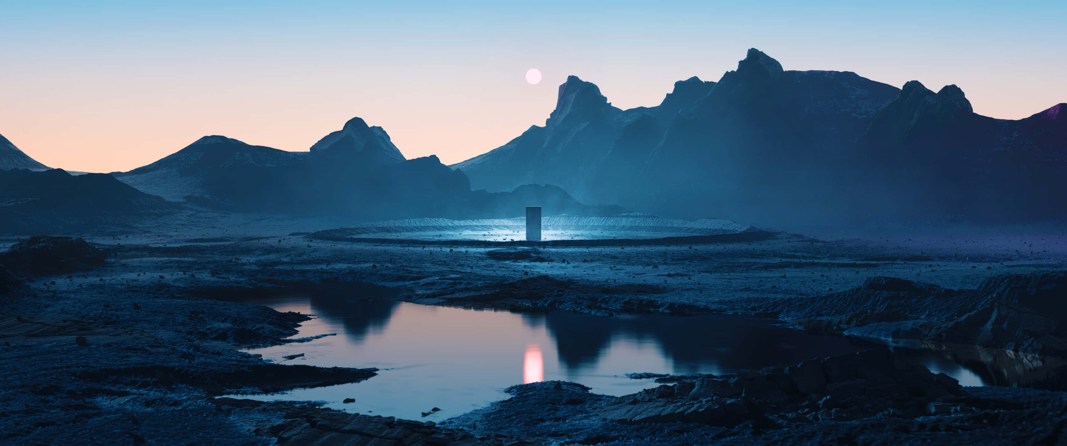 Abstract Landscape 桌布 壁紙 — 一座孤獨發光的巨石矗立在迷霧暮色山谷中，周圍是鋸齒狀山脈和反射池，在蒼白的月亮下。