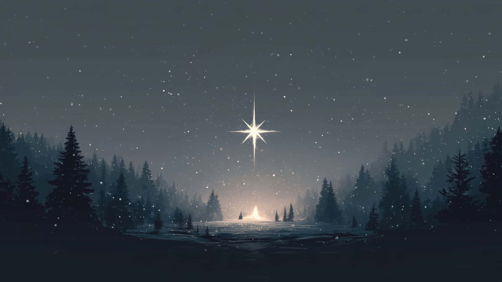  壁紙 — 一顆孤獨的發光星星在雪覆蓋的森林湖上明亮地閃耀，遠處的營火照亮了霧濛濛的夜晚。