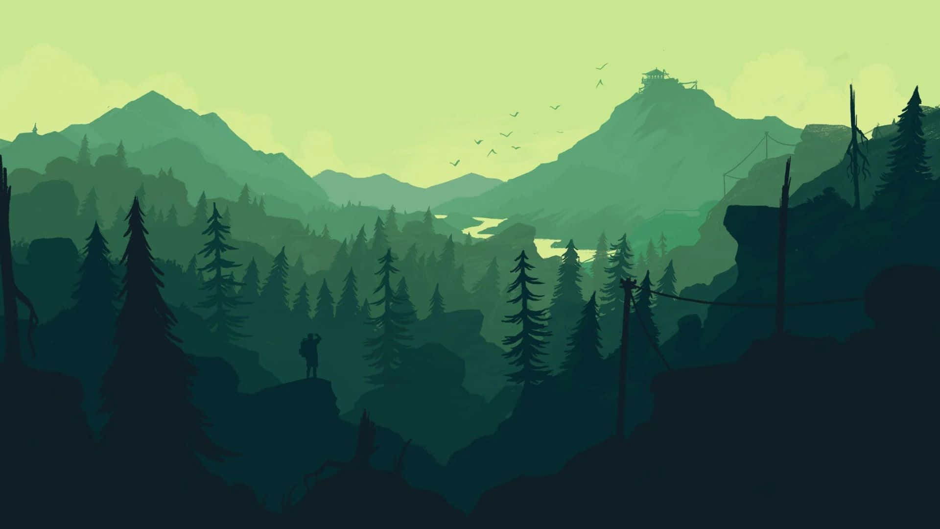 Minimalist Forest 桌布 壁紙 — 一位孤獨的遠足者站在懸崖上，俯瞰著霧氣瀰漫的綠色山谷，遠處有山巒和蜿蜒的河流。