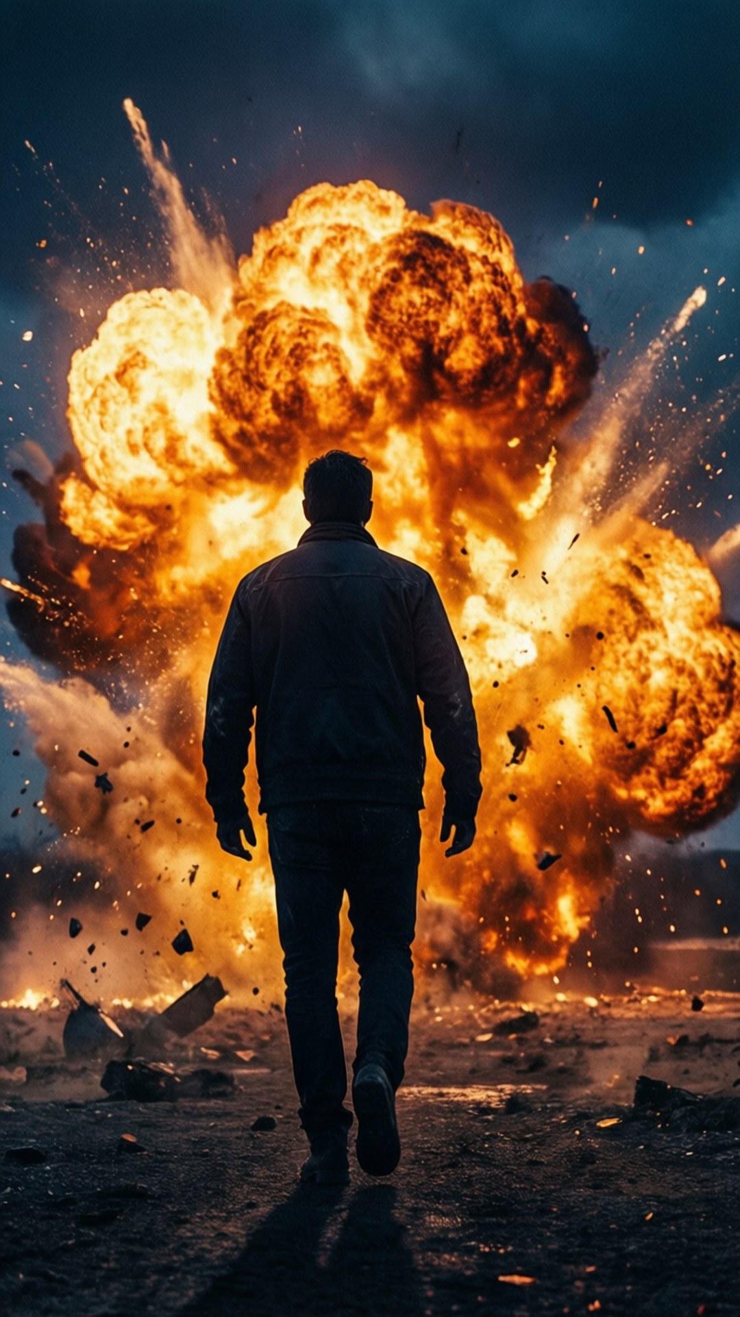一個男人走向一場大火爆炸，伴隨著火焰和飛散的碎片。