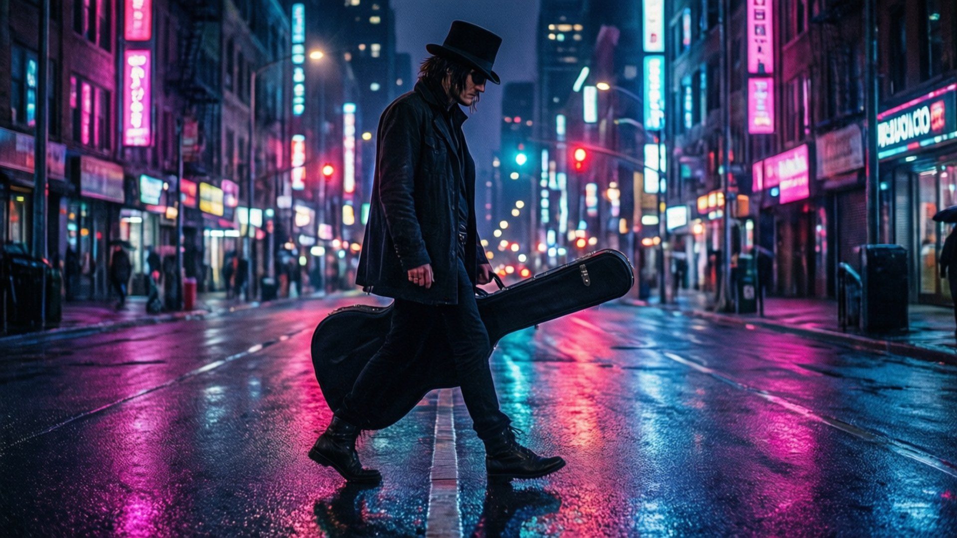 一位戴高帽的音樂家，在夜晚沿著濕漉漉的霓虹燈城市街道行走，帶著結他盒。