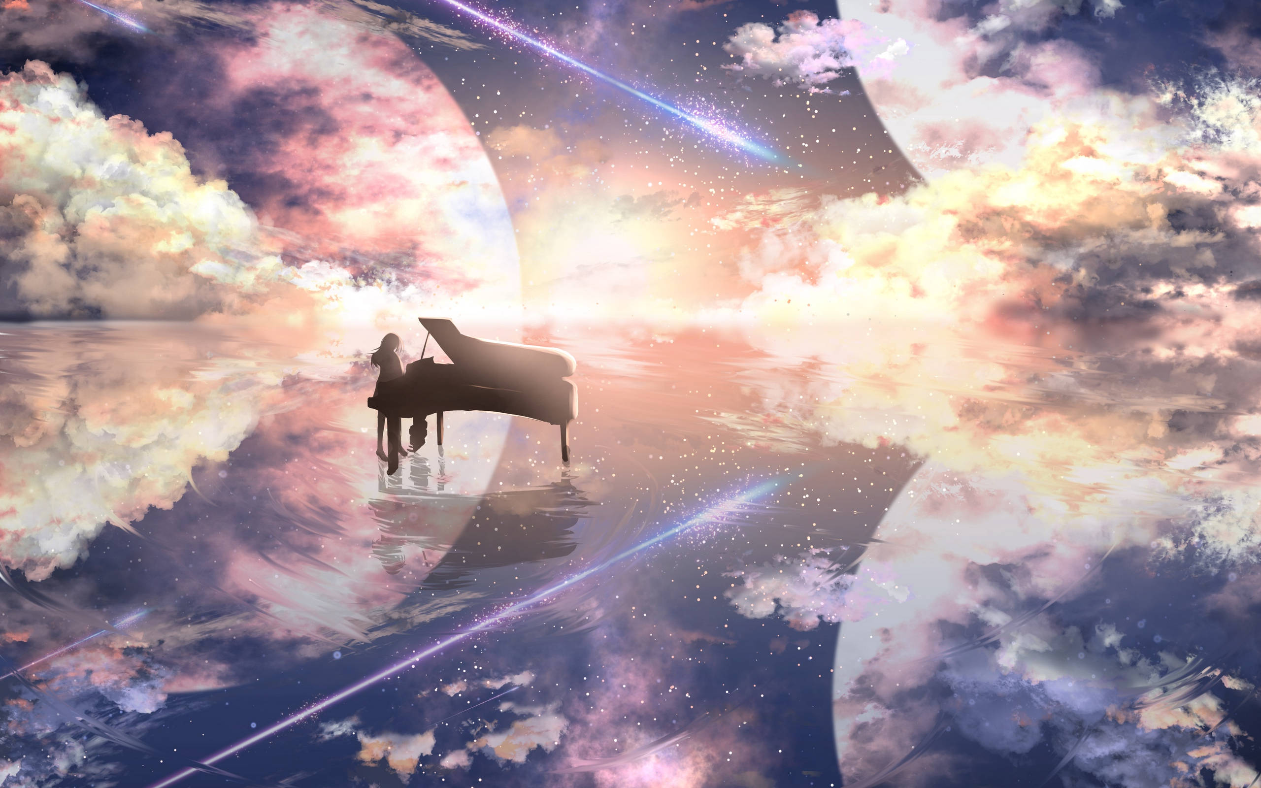 一位鋼琴家在帶有雲朵和星星的超現實宇宙場景中演奏三角鋼琴。