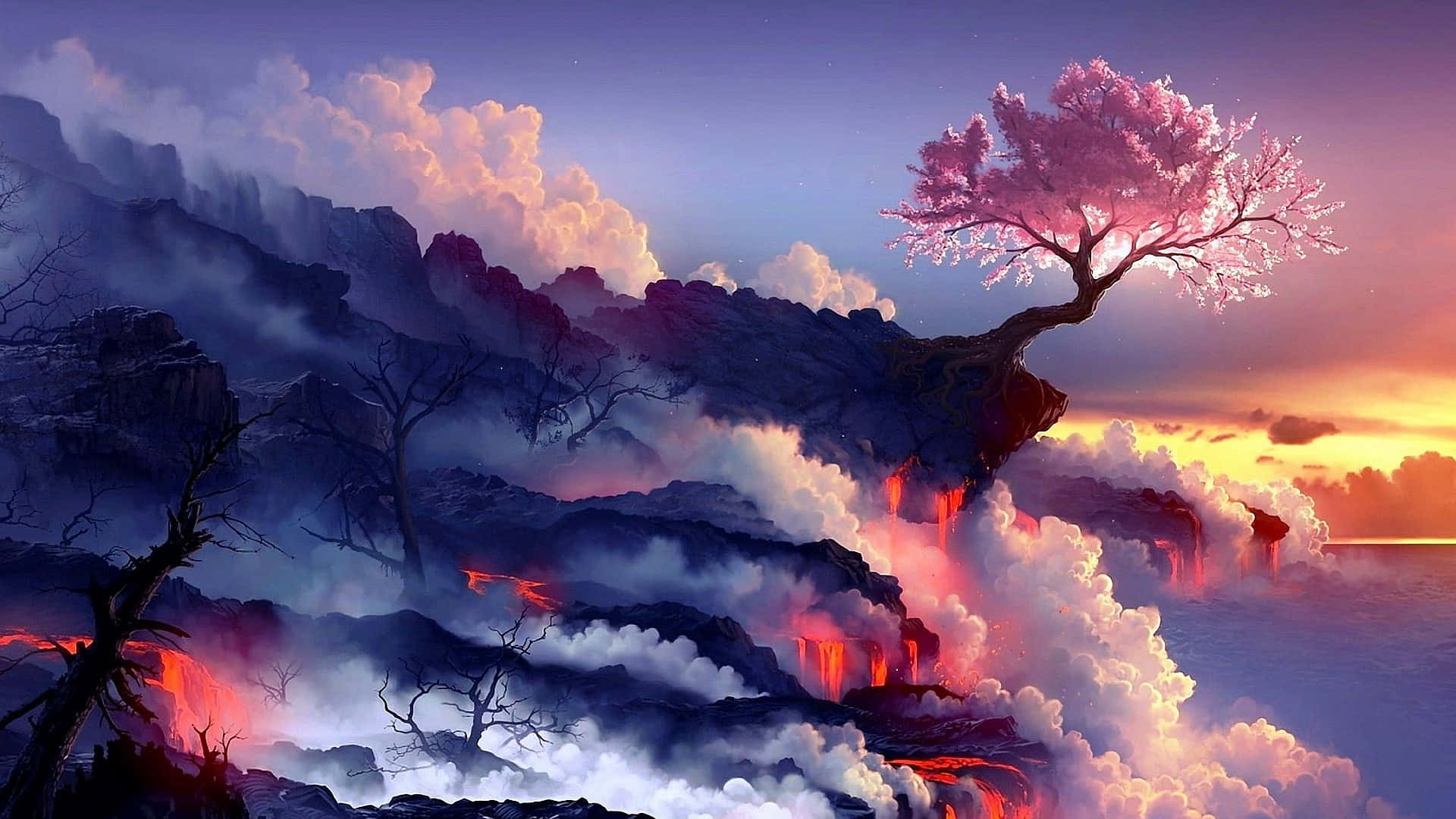 懸崖上的櫻花樹，下方有熔岩流淌，夕陽西下。