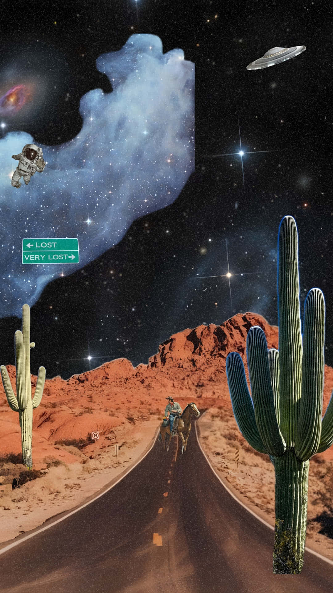  壁紙 — 在星空下的沙漠公路上，一名孤獨的騎手，UFO和太空人在宇宙星雲附近漂浮。